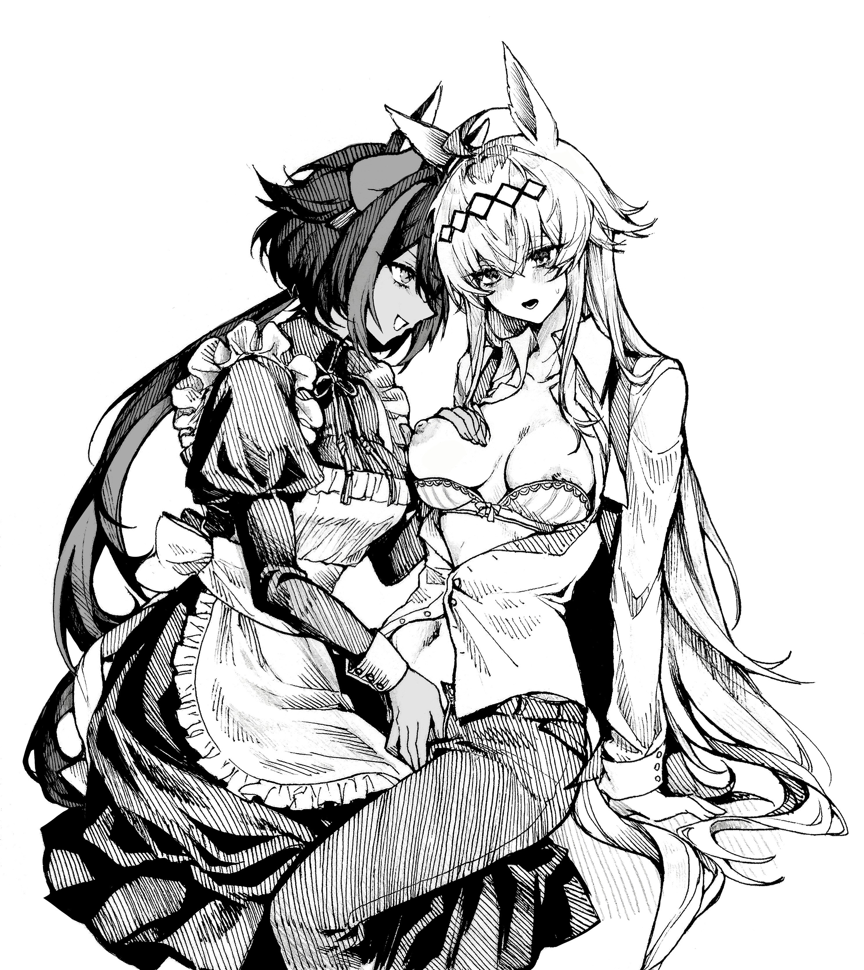 tuwu (user yvte3782), oguri cap (umamusume), umamusume, absurdres, highres, 2girls, animal ears, apron, aroused, blush, bra, bra pull, breasts, clothes pull, collarbone, collared shirt, crossed bangs, dark-skinned female, dark skin, dress, ear covers, frilled apron, frills, groping, hair between eyes, hairband, hand on another's crotch, horse ears, horse girl, horse tail, long hair, looking at another, low ponytail, maid, medium breasts, mill wakaba (umamusume), multicolored hair, multiple girls, navel, nipples, open clothes, open fly, open mouth, open shirt, pants, parted lips, ponytail, shirt, simple background, sitting, smile, streaked hair, tail, underwear, very long hair, white background, yuri