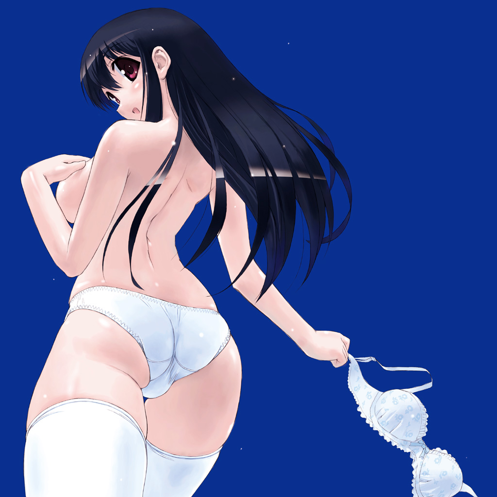 inu777, oouchi takadou, 1girl, :d, ass, back, black hair, blush, bow, bow bra, bra, breasts, brown eyes, curvy, female focus, from behind, large breasts, lingerie, long hair, looking back, naughty face, open mouth, panties, pink eyes, print bra, red eyes, removing bra, simple background, smile, solo, standing, thigh gap, thighhighs, thighs, topless female, trefoil, underwear, underwear only, white bra, white panties