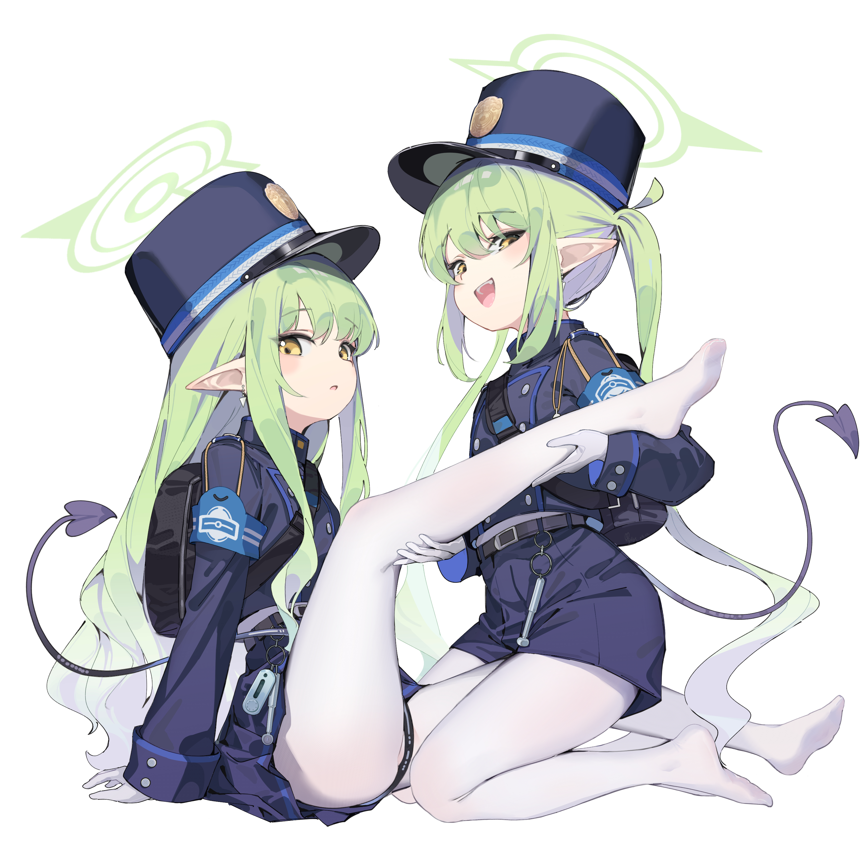 yamano (yamanoh), hikari (blue archive), nozomi (blue archive), blue archive, absurdres, commentary request, highres, revision, 2girls, ass, black hat, black jacket, black shorts, black skirt, black tail, blush, buttons, demon tail, double-breasted, earrings, gloves, green hair, green halo, halo, hat, heart, jacket, jewelry, long hair, long sleeves, multiple girls, no shoes, open mouth, pantyhose, peaked cap, pleated skirt, pointy ears, shorts, siblings, sidelocks, simple background, sisters, skirt, smile, tail, twins, twintails, white background, white gloves, white pantyhose, yellow eyes