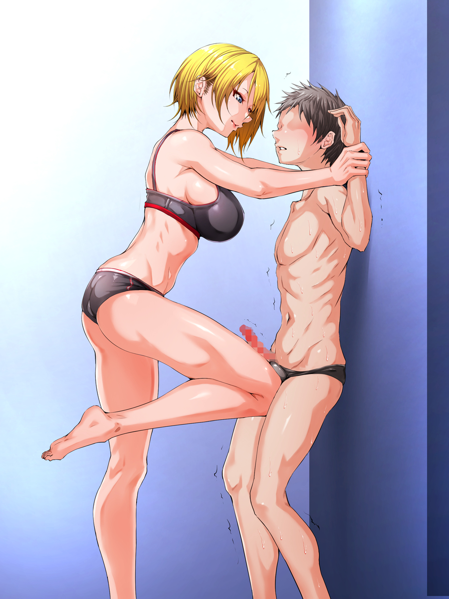 aho manten, 1boy, 1girl, black male swimwear, bulge, censored, holding another's wrist, kabedon, kneeing, male swimwear, mosaic censoring, penis, pinned, swim briefs, swimsuit, topless male