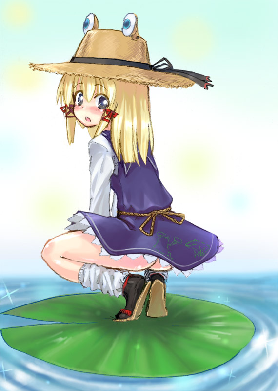 homura subaru, moriya suwako, touhou, 1girl, ass, dress, female focus, full body, gradient background, hat, lily pad, nature, no panties, outdoors, plant, solo, squatting, water, white background