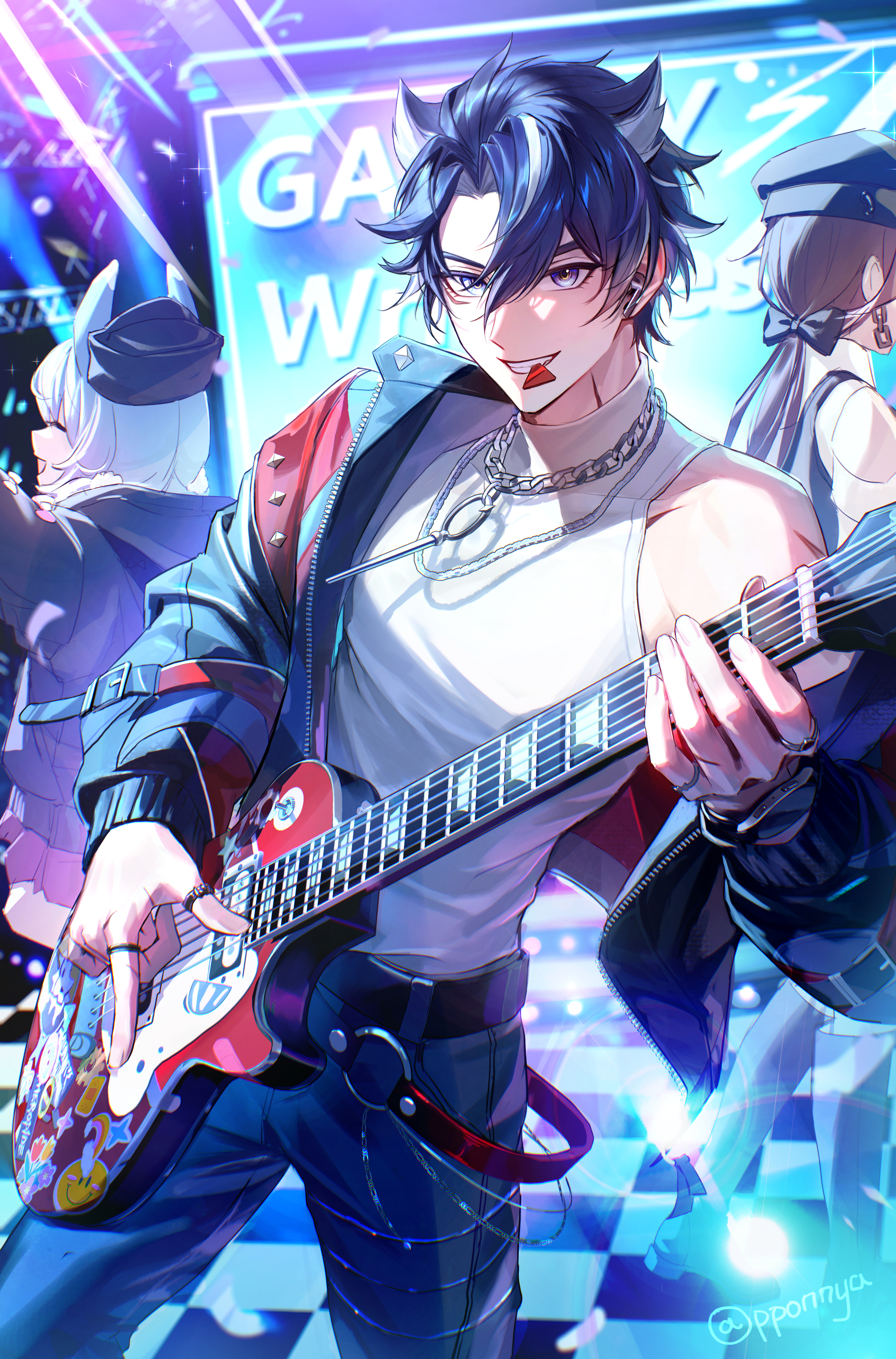 pponnya, sigewinne (genshin impact), wriothesley (genshin impact), genshin impact, absurdres, character request, commentary, highres, korean commentary, 1boy, 2girls, belt, black belt, black hair, black pants, blue hair, blue jacket, brown hair, chain, chain necklace, cowboy shot, electric guitar, grey eyes, grin, guitar, hair between eyes, holding, holding guitar, holding instrument, instrument, jacket, jewelry, long hair, long sleeves, looking at viewer, mouth hold, multiple girls, necklace, open clothes, open jacket, pants, parted bangs, plectrum, plectrum in mouth, shirt, short hair, sleeveless, sleeveless shirt, sleeveless turtleneck, smile, solo focus, standing, turtleneck, turtleneck shirt, white shirt