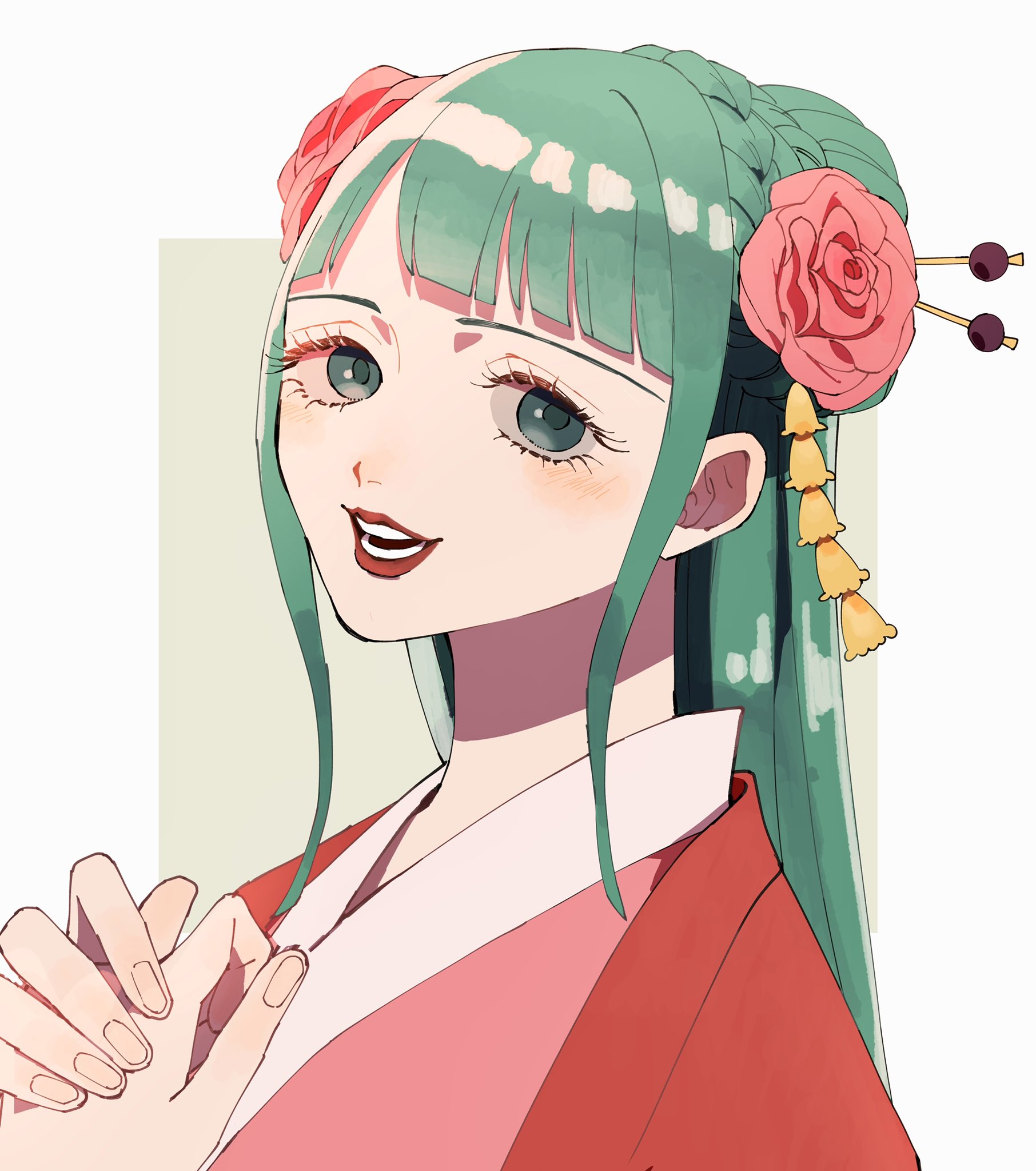 oh imo, kouzuki hiyori, one piece, commentary request, highres, 1girl, aqua eyes, aqua hair, blunt bangs, blush, eyelashes, flower, hair bun, hair flower, hair ornament, half updo, long hair, looking at viewer, red lips, sidelocks, simple background, smile, solo