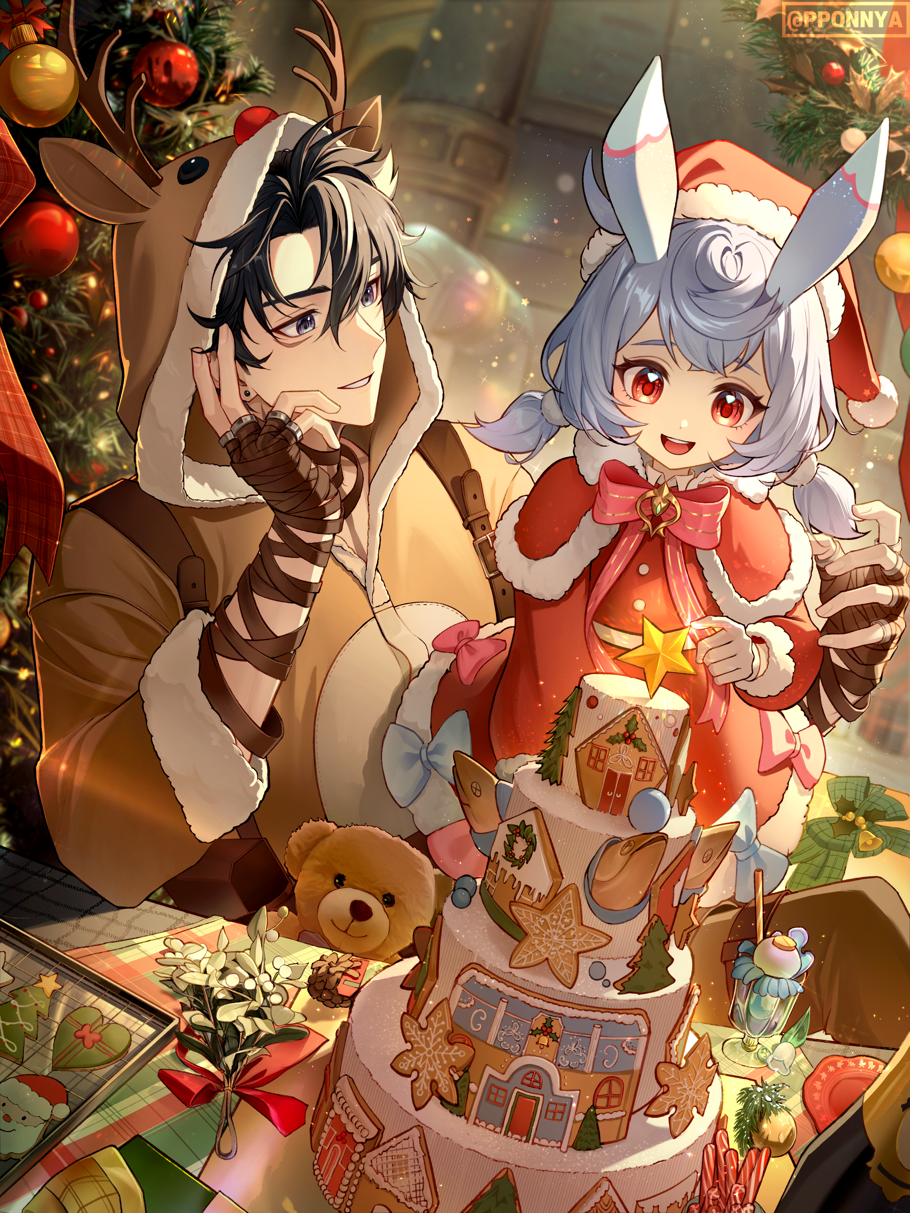 pponnya, sigewinne (genshin impact), wriothesley (genshin impact), genshin impact, absurdres, commentary, highres, 1boy, 1girl, alternate costume, animal costume, animal ears, bandaged hand, bandages, black hair, blue eyes, brown hood, cake, capelet, christmas, christmas ornaments, christmas tree, deer ears, desk, dress, earrings, fake animal ears, fake antlers, food, gloves, grey hair, hair between eyes, hat, hood, hood up, jewelry, layer cake, long hair, long sleeves, low twintails, merry christmas, multicolored hair, open mouth, red capelet, red dress, red eyes, reindeer costume, santa hat, short hair, smile, star (symbol), streaked hair, stuffed animal, stuffed toy, teddy bear, twintails