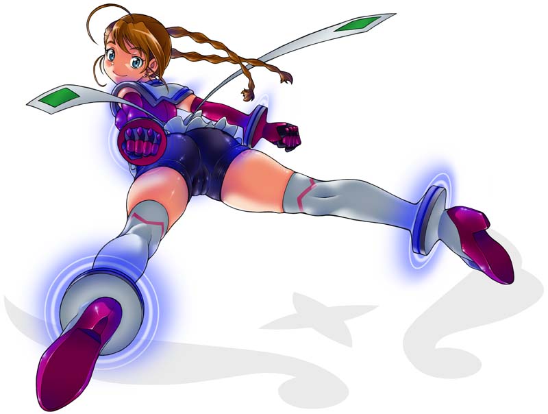fukudahda, arika yumemiya, my-otome, 00s, 1girl, ahoge, ass, braid, cameltoe, female focus, full body, solo, spandex, thighhighs, twin braids, white thighhighs