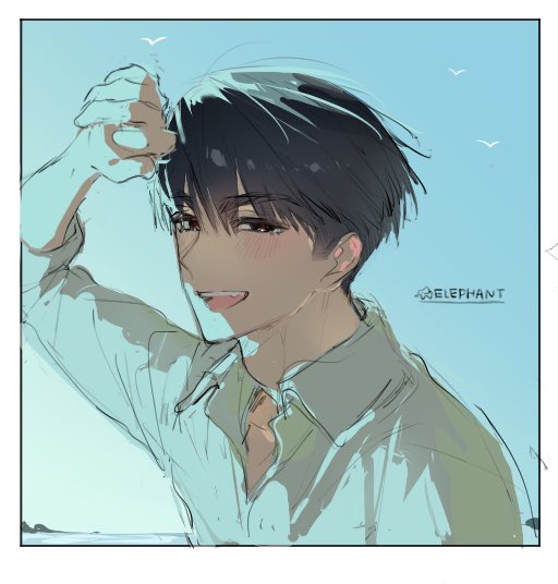 ivan (alien stage), alien stage, 1boy, 2a1i7a15pb11392, arm up, artist name, bird, black eyes, black hair, blue sky, collared shirt, male focus, open mouth, shirt, short hair, sky, smile, solo, very short hair, white shirt