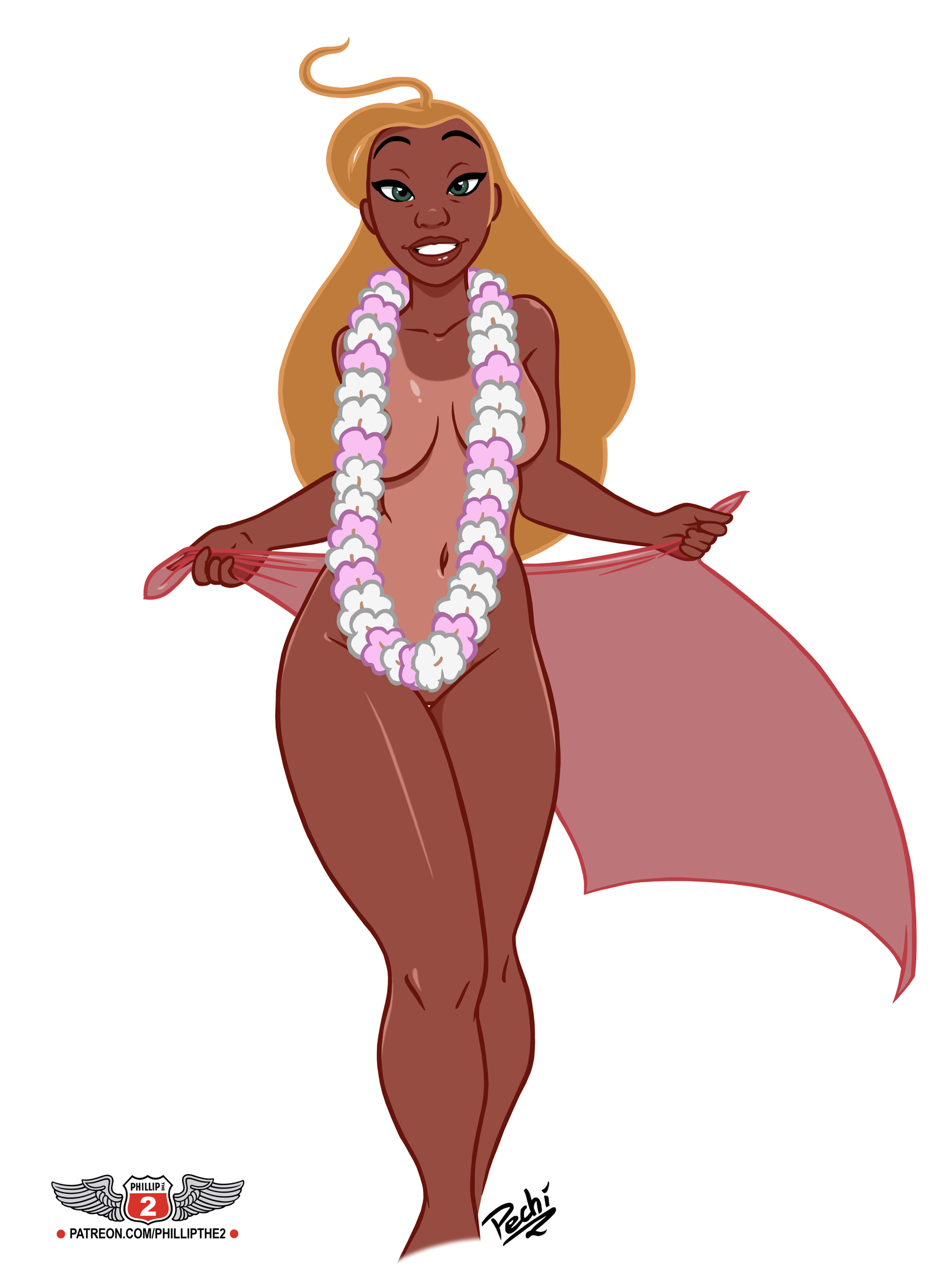 artofpechi, phillipthe2, lifeguard (lilo & stitch), lilo & stitch, colorized, commentary, english commentary, highres, 1girl, ahoge, artist name, blonde hair, breasts, collarbone, completely nude, convenient censoring, cropped legs, flower, flower necklace, green eyes, holding sarong, jewelry, large breasts, lei, long hair, looking at viewer, navel, necklace, nude, parted lips, patreon username, red sarong, sarong, simple background, tan, tanline, thick thighs, thighs, unworn sarong, watermark, web address, white background