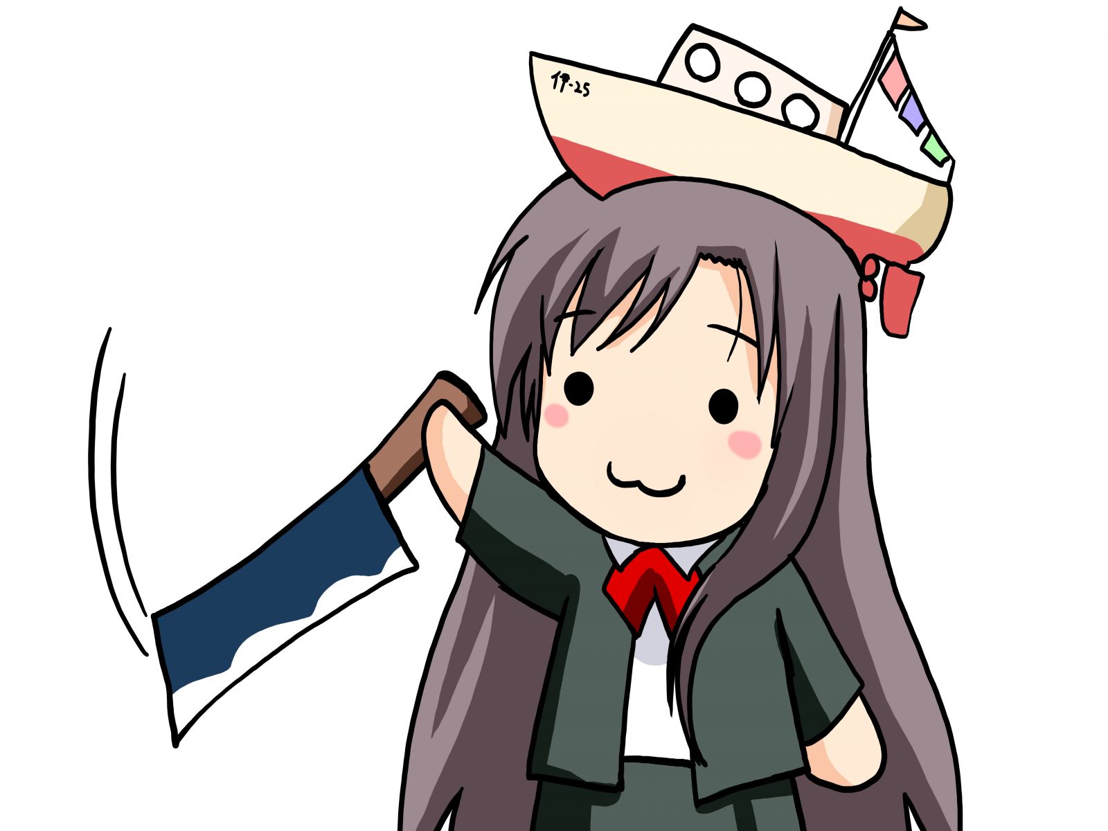namamo nanase, katsura kotonoha, school days, derivative work, highres, vector trace, 1girl, :3, bow, chibi, female focus, knife, meme, nice boat (meme), parody, red bow, solo