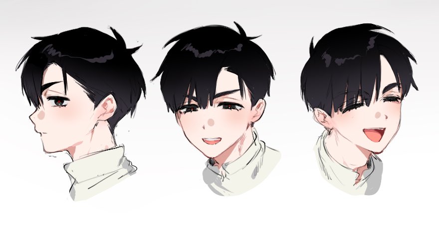 ivan (alien stage), alien stage, 1boy, 2a1i7a15pb11392, black eyes, black hair, closed eyes, multiple views, open mouth, red pupils, shirt, short hair, smile, very short hair, white shirt