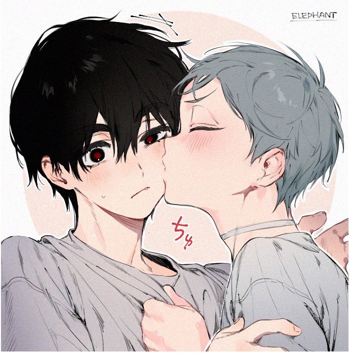 ivan (alien stage), till (alien stage), alien stage, commentary request, 2a1i7a15pb11392, 2boys, artist name, black eyes, black hair, choker, closed eyes, closed mouth, fang, fang out, grey hair, grey shirt, kiss, kissing cheek, male focus, multiple boys, red pupils, shirt, yaoi