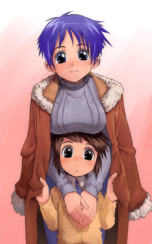 satou toshiyuki, original, 2girls, age difference, blue eyes, blue hair, blush, breast rest, breasts, breasts on head, brown eyes, brown hair, child, large breasts, mature female, mother and daughter, multiple girls, onee-loli, yuri