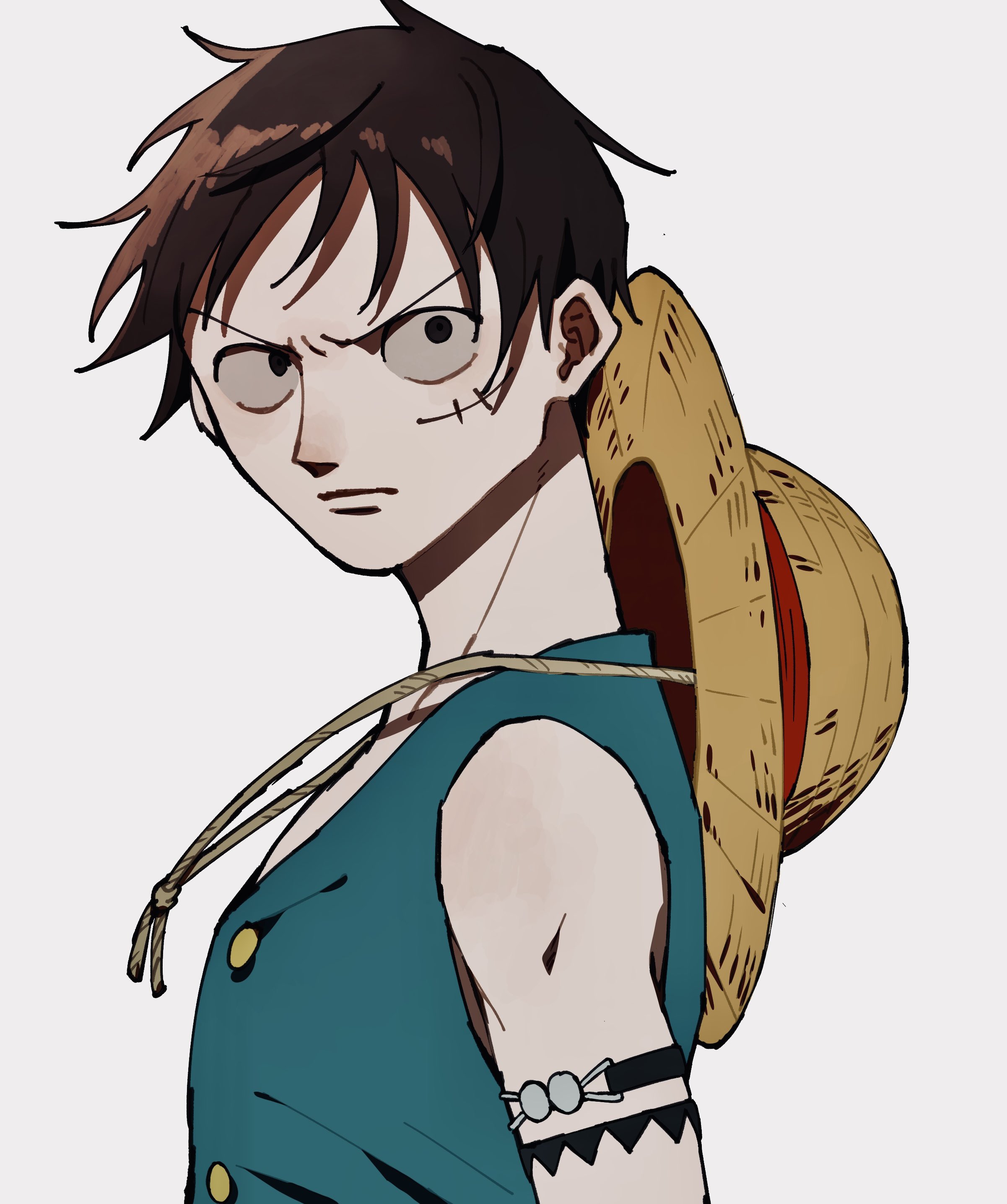 oh imo, monkey d. luffy, one piece, absurdres, highres, 1boy, armlet, black hair, blue shirt, closed mouth, hat, jewelry, male focus, profile, shirt, short hair, simple background, sleeveless, sleeveless shirt, solo, straw hat, upper body, white background