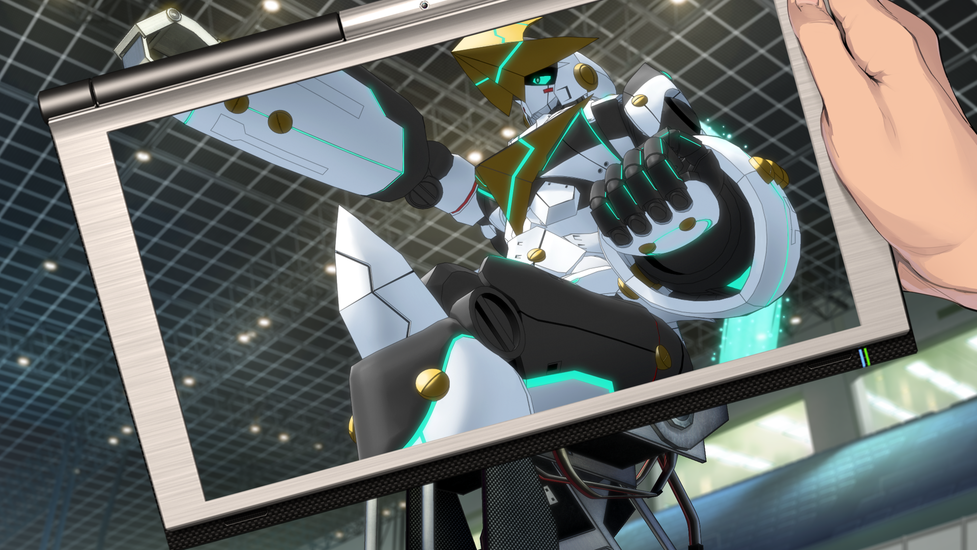 fukuda tomonori, gunvarrel, yashio kaito, kidou battle gunvarrel, robotics;notes, science adventure, game cg, highres, official art, 1boy, blue eyes, holding, holding tablet pc, indoors, mecha, pov, robot, tablet pc, virtual reality