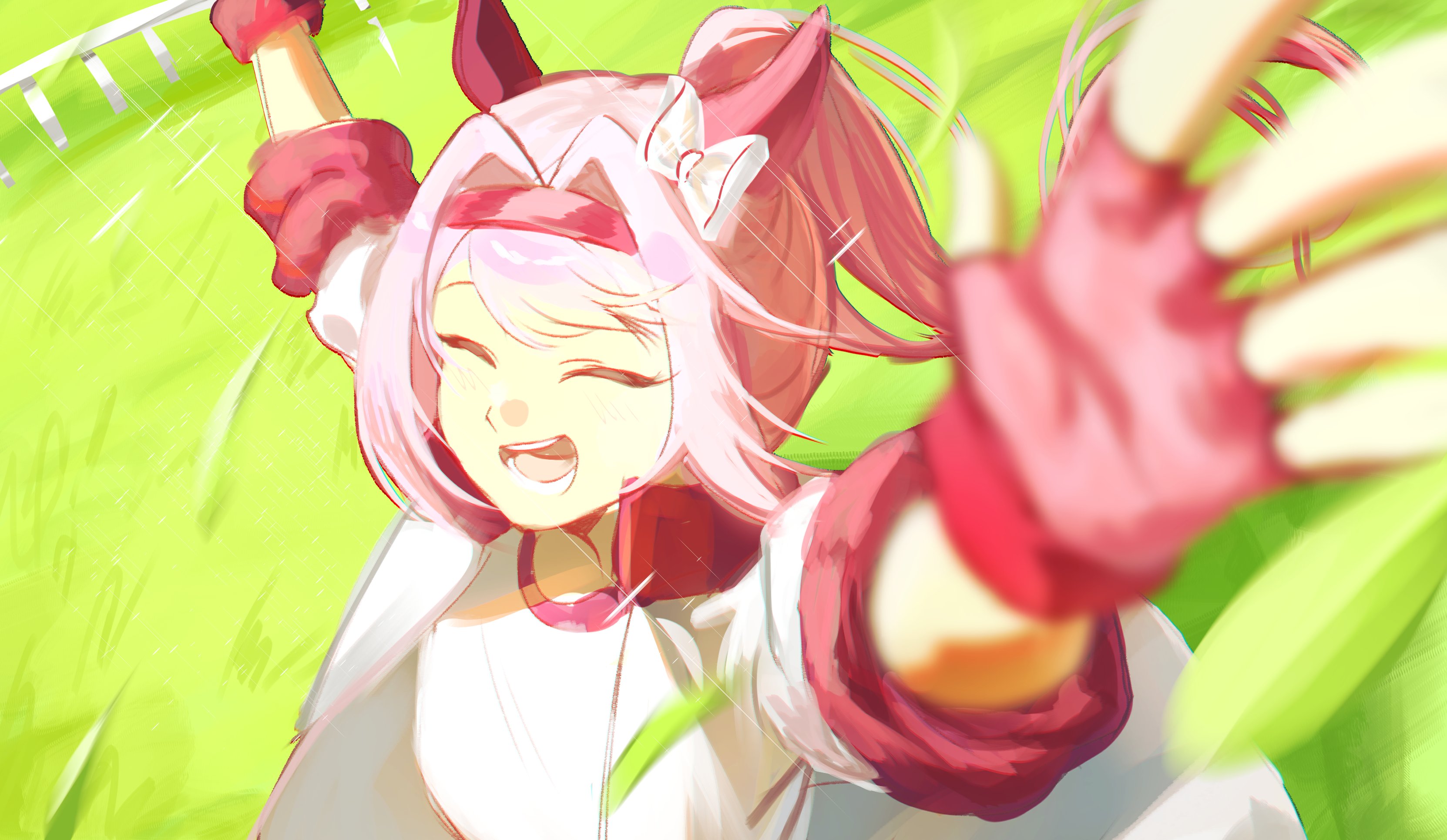 levvimi, haru urara (umamusume), umamusume, absurdres, commentary, highres, 1girl, ^ ^, arms up, closed eyes, gloves, grass, hair intakes, hairband, haru urara (bestest prize) (umamusume), jacket, long hair, open mouth, outstretched arms, pink hair, ponytail, red gloves, red hairband, smile, solo, spread arms, upper body, white jacket