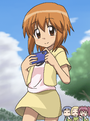 awa, asou natsumi, kajiwara sora, negishi minamo, torikai hazuki, sketchbook full colors, lowres, 00s, 4girls, blonde hair, camera, closed eyes, closed mouth, cloud, grey hair, jaggy lines, looking at viewer, multiple girls, oekaki, orange hair, purple hair, sky, smile, tree