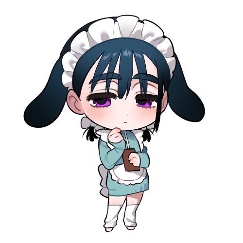 sua (alien stage), alien stage, commentary, lowres, symbol-only commentary, 1girl, 2a1i7a15pb11392, animal ears, apron, black hair, blue dress, bow, chibi, chibi only, dress, hair bow, leg warmers, long sleeves, maid headdress, multiple hair bows, purple eyes, rabbit ears, short twintails, solo, twintails, white apron, white bow, white leg warmers