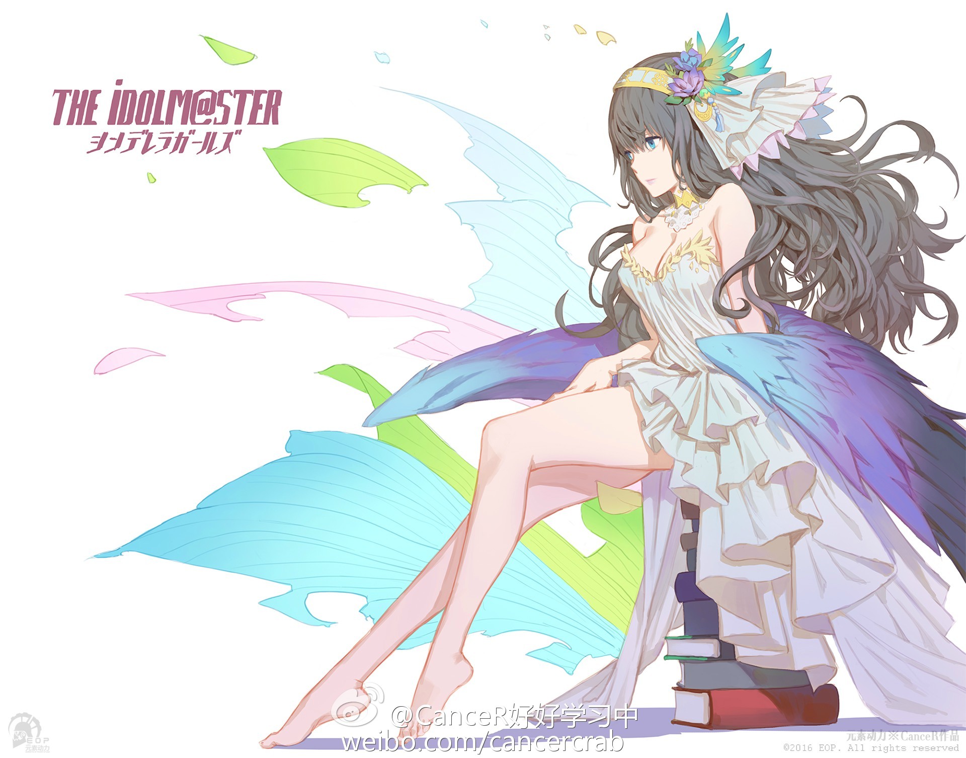 cancer (zjcconan), sagisawa fumika, idolmaster, idolmaster cinderella girls, highres, 1girl, bare shoulders, blue eyes, book, book stack, choker, dress, hair ornament, long hair, pink lips, sitting, solo, white dress, wings