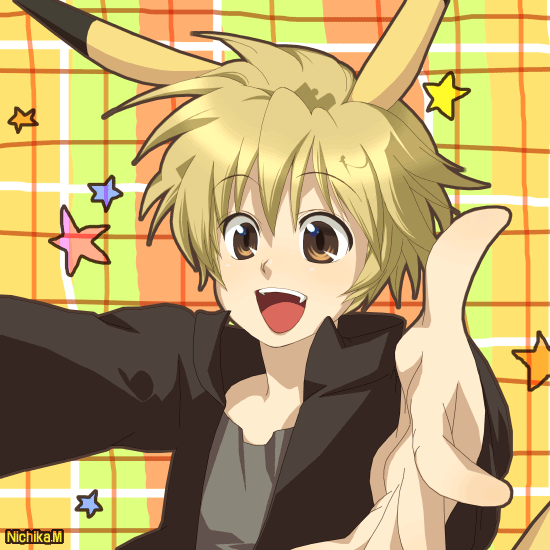 nichika miyama, pikachu, nintendo, pokemon, 1boy, animal ears, artist name, blonde hair, brown eyes, costume, gen 1 pokemon, male focus, outstretched arms, plaid background, pokemon (creature), smile, solo, star (symbol), yellow theme