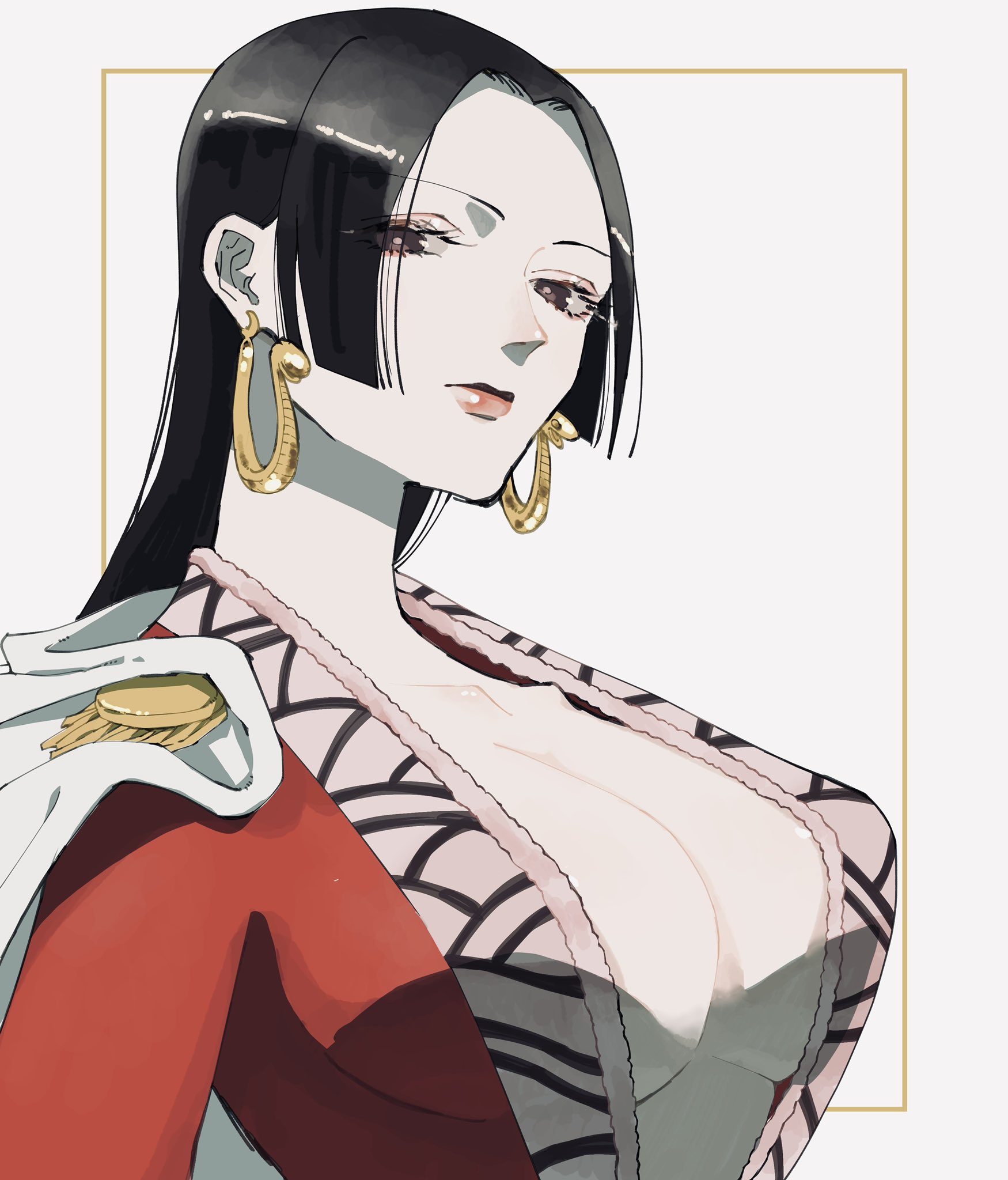 oh imo, boa hancock, one piece, commentary request, highres, 1girl, black hair, breasts, cape, cleavage, closed mouth, epaulettes, eyelashes, large breasts, long hair, long sleeves, plunging neckline, red shirt, shirt, sidelocks, solo, upper body, white cape