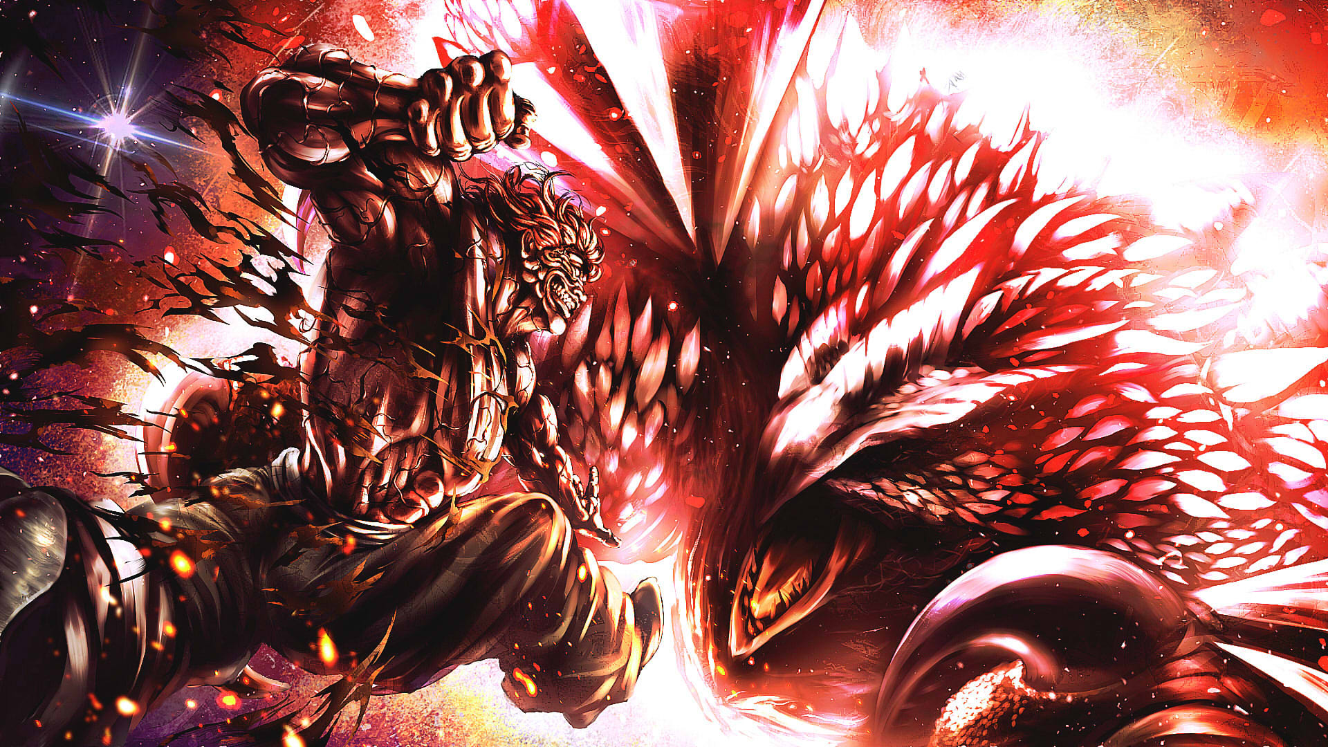 hangetsuban sonshou, hanma yujiro, valstrax, grappler baki, monster hunter (series), monster hunter xx, highres, 1boy, black pants, black shoes, blank eyes, clenched teeth, crossover, dragon, duel, monster, muscular, muscular male, no humans, pants, profile, red hair, shoes, smile, sparkle, teeth, torn clothes, veins