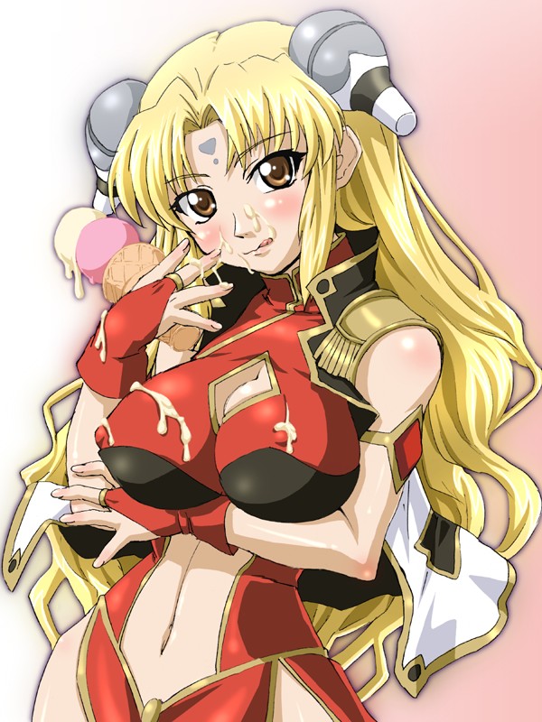 aru ra une, ranpha franboise, broccoli (company), galaxy angel, 00s, 1girl, blonde hair, breasts, bridal gauntlets, brown eyes, china dress, chinese clothes, covered erect nipples, dress, female focus, food, gloves, ice cream, large breasts, long hair, melting, orange soft, sexually suggestive, solo, suggestive fluid