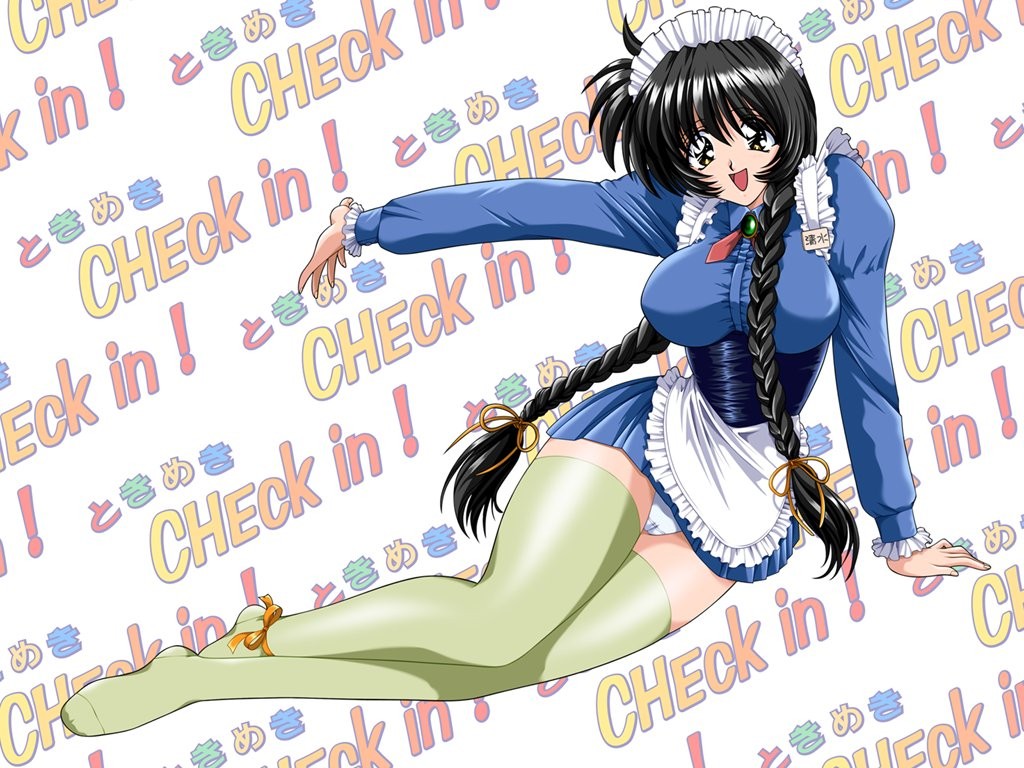akazaki yasuma, shimizu ayumi, tokimeki check in, 1girl, black hair, braid, breasts, cameltoe, female focus, frills, green thighhighs, hair ribbon, huge breasts, large breasts, long hair, lying, maid, on side, open mouth, outstretched arm, outstretched hand, panties, pantyshot, reaching, ribbon, smile, solo, thighhighs, twin braids, underwear, white panties, yellow eyes, zettai ryouiki