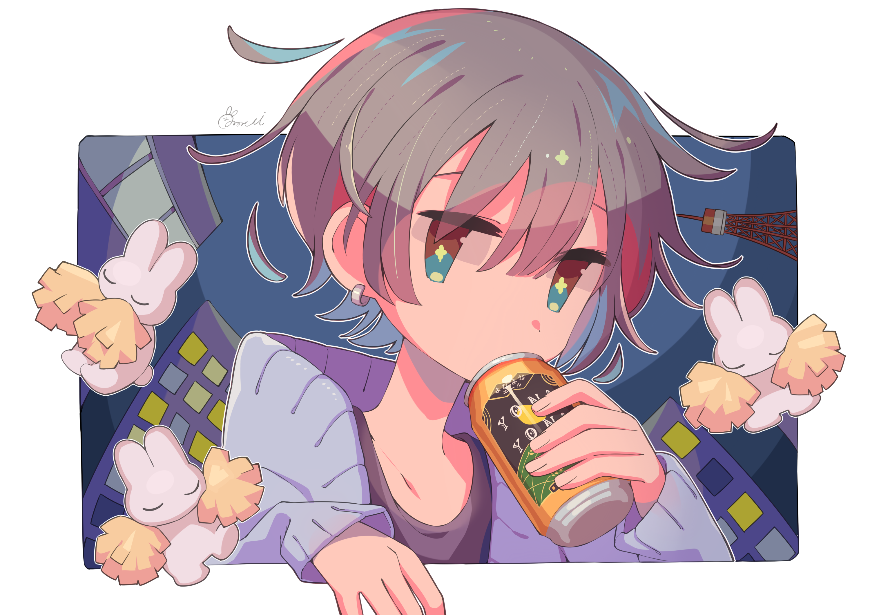 mochimura sorata, original, commentary request, highres, 1girl, black shirt, blue sweater, border, can, green eyes, grey hair, holding, holding can, long sleeves, looking at viewer, outline, outside border, portrait, rabbit, shirt, short hair, signature, solo, sweater, white border, white outline