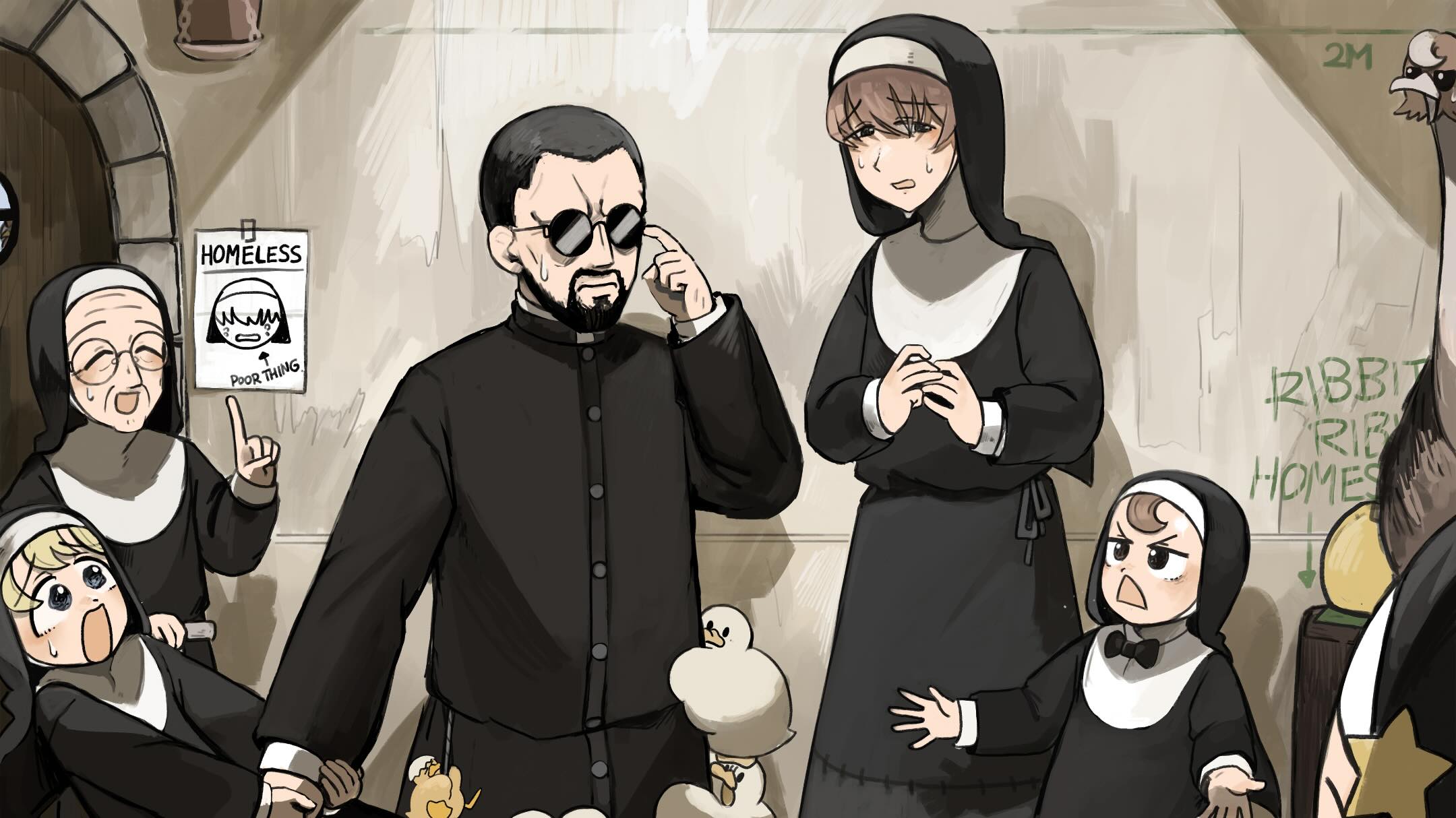 diva (hyxpk), clumsy nun (diva), father (diva), froggy nun (diva), mother superior (diva), shy nun (diva), star nun (diva), little nuns (diva), commentary, english commentary, highres, 1boy, 5girls, baby animal, beard, bird, black bow, black bowtie, black hair, blonde hair, blue eyes, bow, bowtie, brown eyes, brown hair, chicken, duck, duckling, facial hair, glasses, multiple girls, nun, old, old woman, ostrich, poster (object), round eyewear, star ornament, sunglasses, traditional nun, triangle mouth
