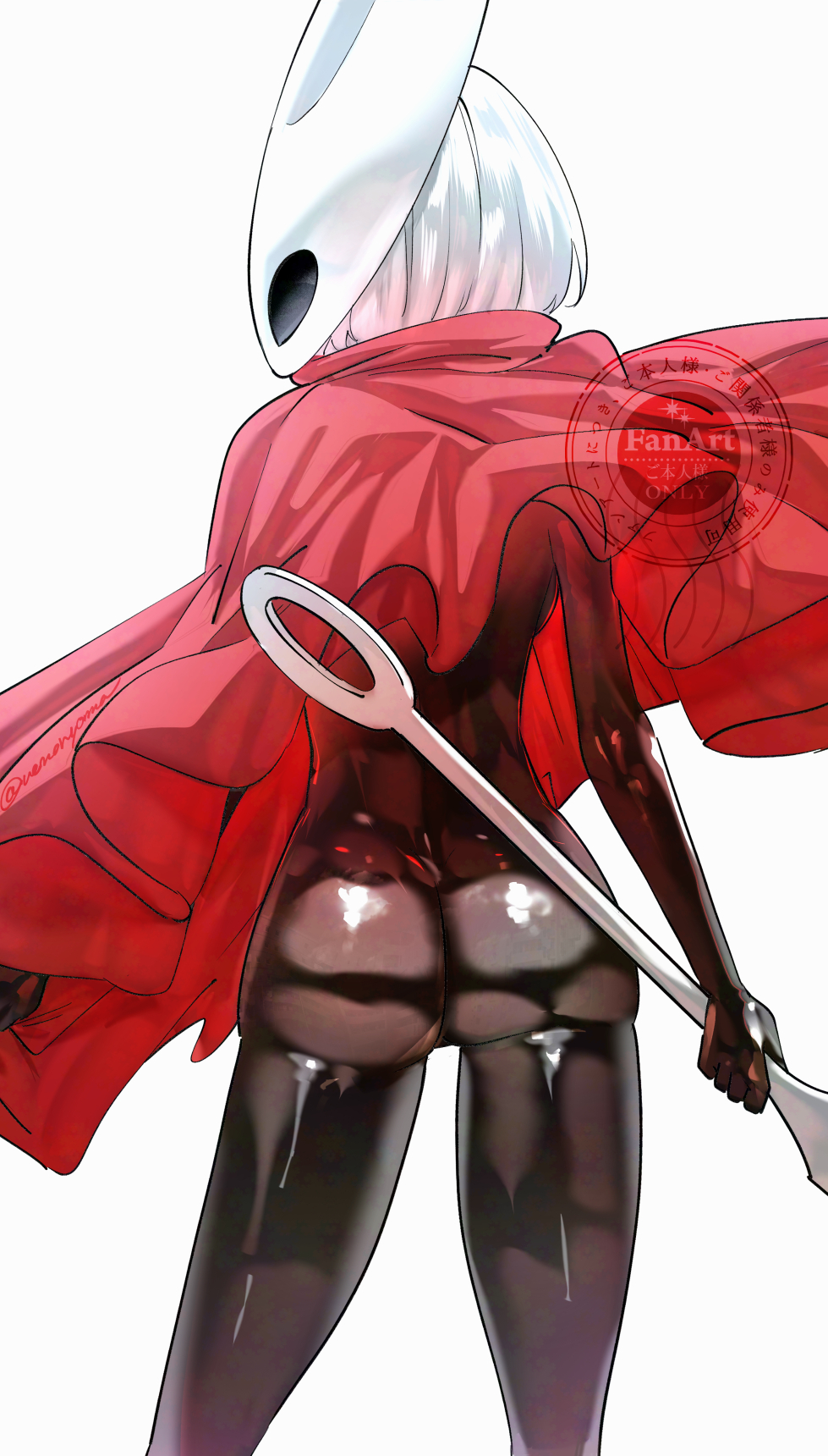 uenoryoma, hornet (hollow knight), hollow knight, hollow knight: silksong, highres, 1girl, ass, black bodysuit, bodysuit, dress, from behind, grey background, holding, holding weapon, mask, red dress, short hair, simple background, skin tight, solo, weapon, white background, white hair, white mask