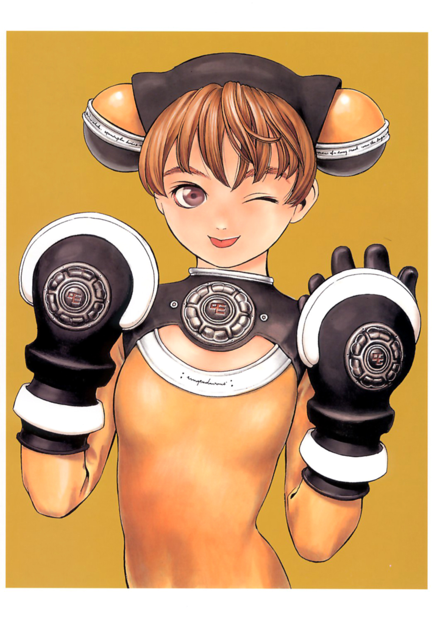 murata range, like a balance life, highres, tagme, brown hair, flat chest, solo, tongue