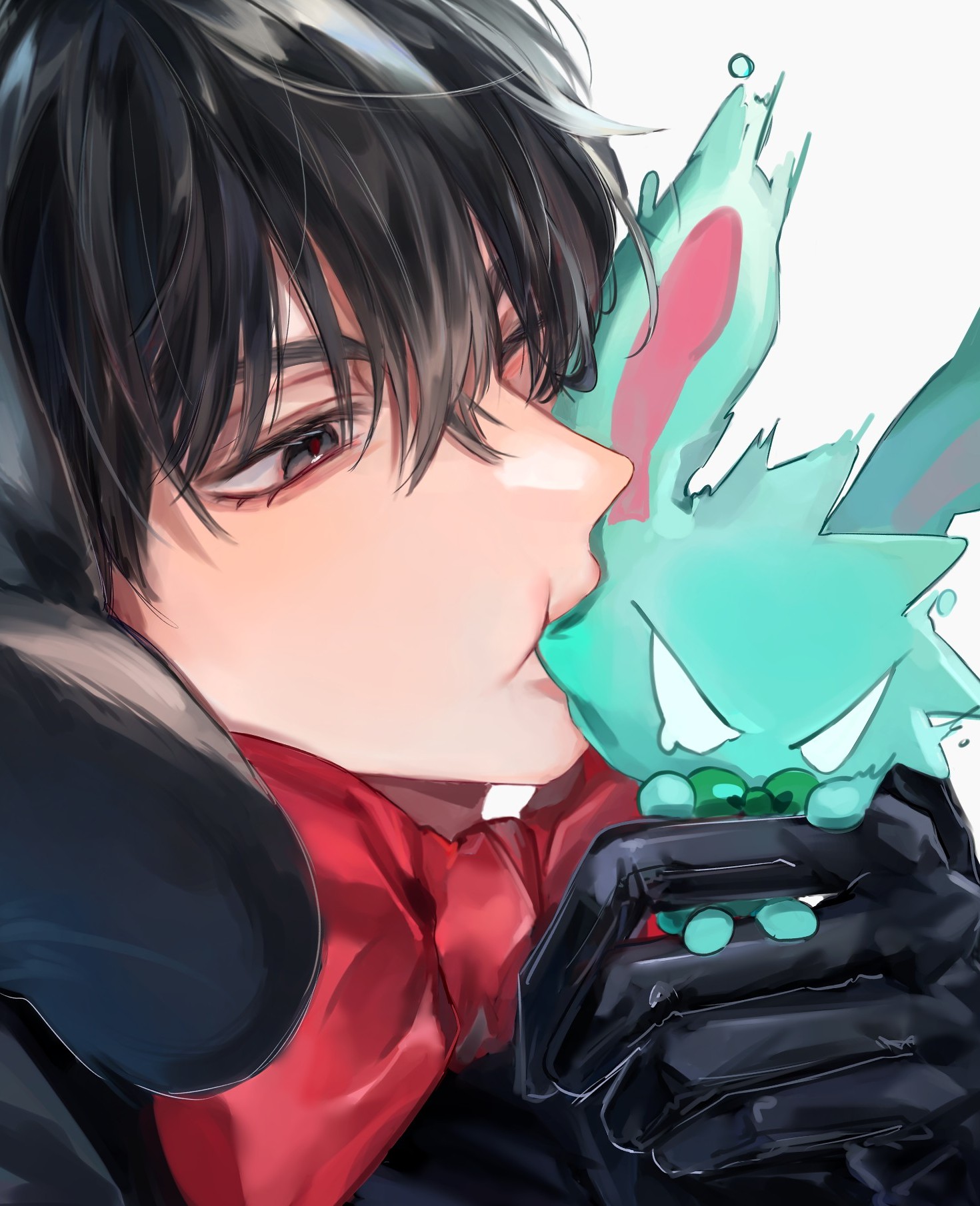 moruru 08, ivan (alien stage), till (alien stage), alien stage, commentary, highres, 1boy, animal, animal ears, animalization, black eyes, black gloves, black hair, bow, bowtie, eating, gloves, grey hair, holding, holding animal, male focus, rabbit, rabbit ears, red bow, red bowtie, red pupils, short hair, very short hair