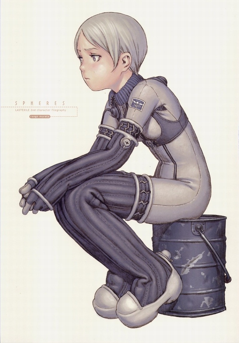 murata range, tatiana wisla, last exile, 00s, 1girl, blonde hair, blue eyes, bob cut, bodysuit, boots, bucket, female focus, flat chest, full-length zipper, full body, leather, scar, short hair, sitting, solo, steampunk, stitches, thighhighs, white hair, zipper