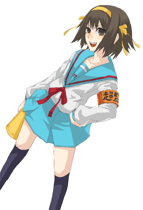 4hands, suzumiya haruhi, suzumiya haruhi no yuuutsu, 00s, armband, brown hair, school uniform, serafuku, short hair, socks, solo