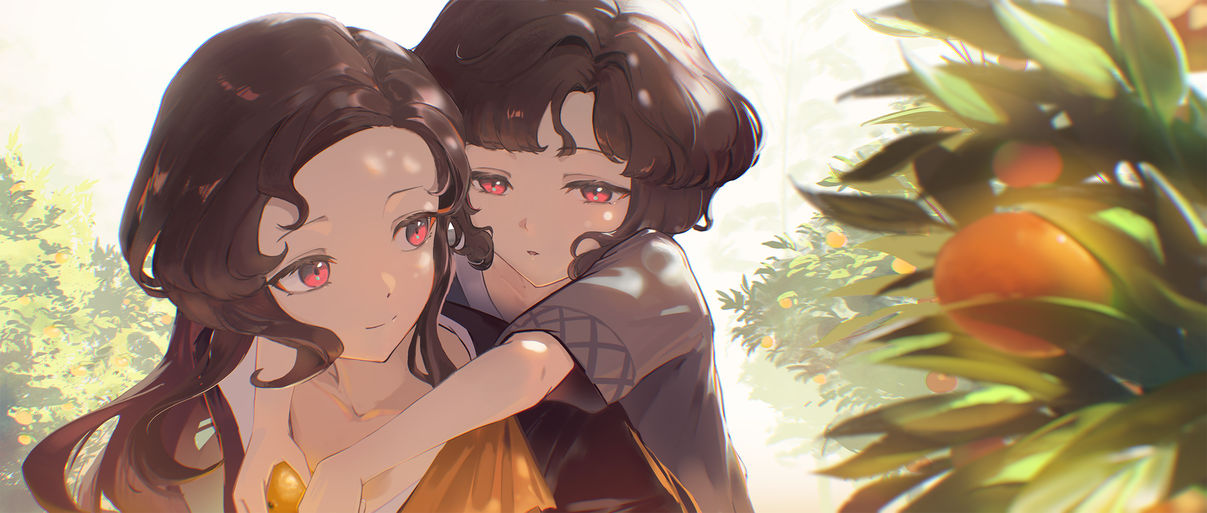 0gen3 illust, marian (reverse:1999), schneider (reverse:1999), reverse:1999, highres, 2girls, aged down, arms around neck, black coat, black hair, carrying, carrying person, coat, dappled sunlight, food, fruit, grey shirt, holding, holding food, holding fruit, long hair, looking at another, multiple girls, orange (fruit), orange tree, piggyback, red eyes, shirt, short hair, short sleeves, smile, sunlight, upper body, white background