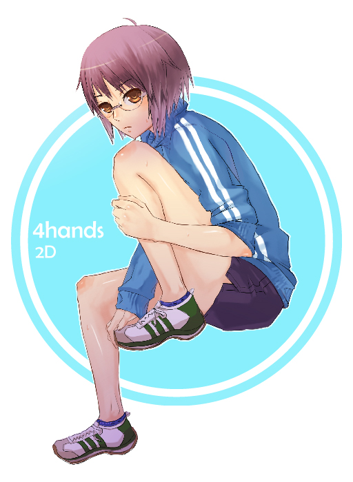 nidy, nagato yuki, suzumiya haruhi no yuuutsu, 00s, 1girl, bespectacled, female focus, full body, glasses, gym uniform, jacket, shoes, short hair, shorts, sitting, sleeve pushed up, sneakers, solo, track jacket