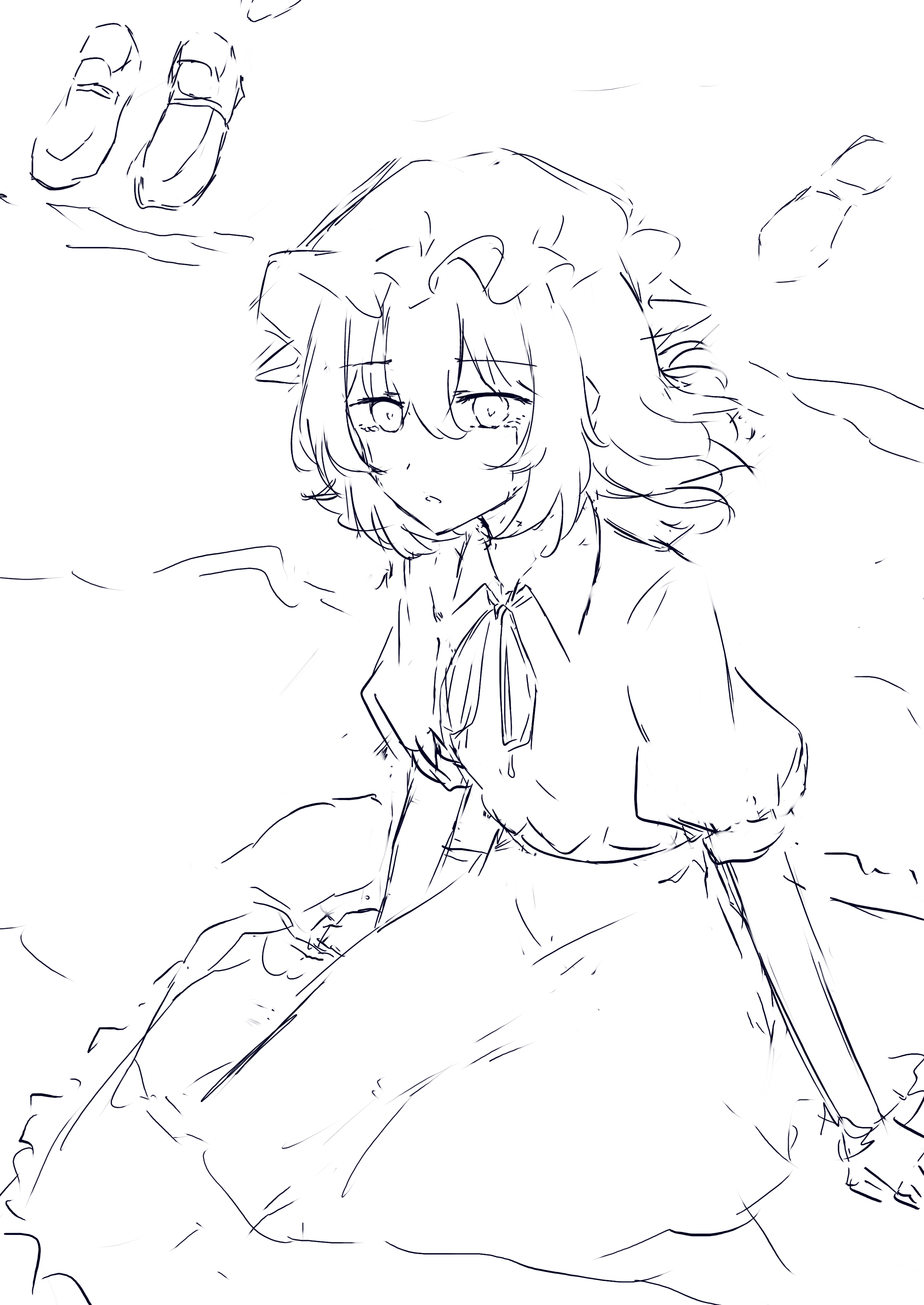 t-hou, maribel hearn, touhou, absurdres, highres, 1girl, beach, blonde hair, boots, collar, crying, crying with eyes open, dress, footprints, frills, hair between eyes, hand rest, hat, mob cap, puffy short sleeves, puffy sleeves, ribbon, sad, sand, sash, short sleeves, simple background, sitting, tears, white hat, wind