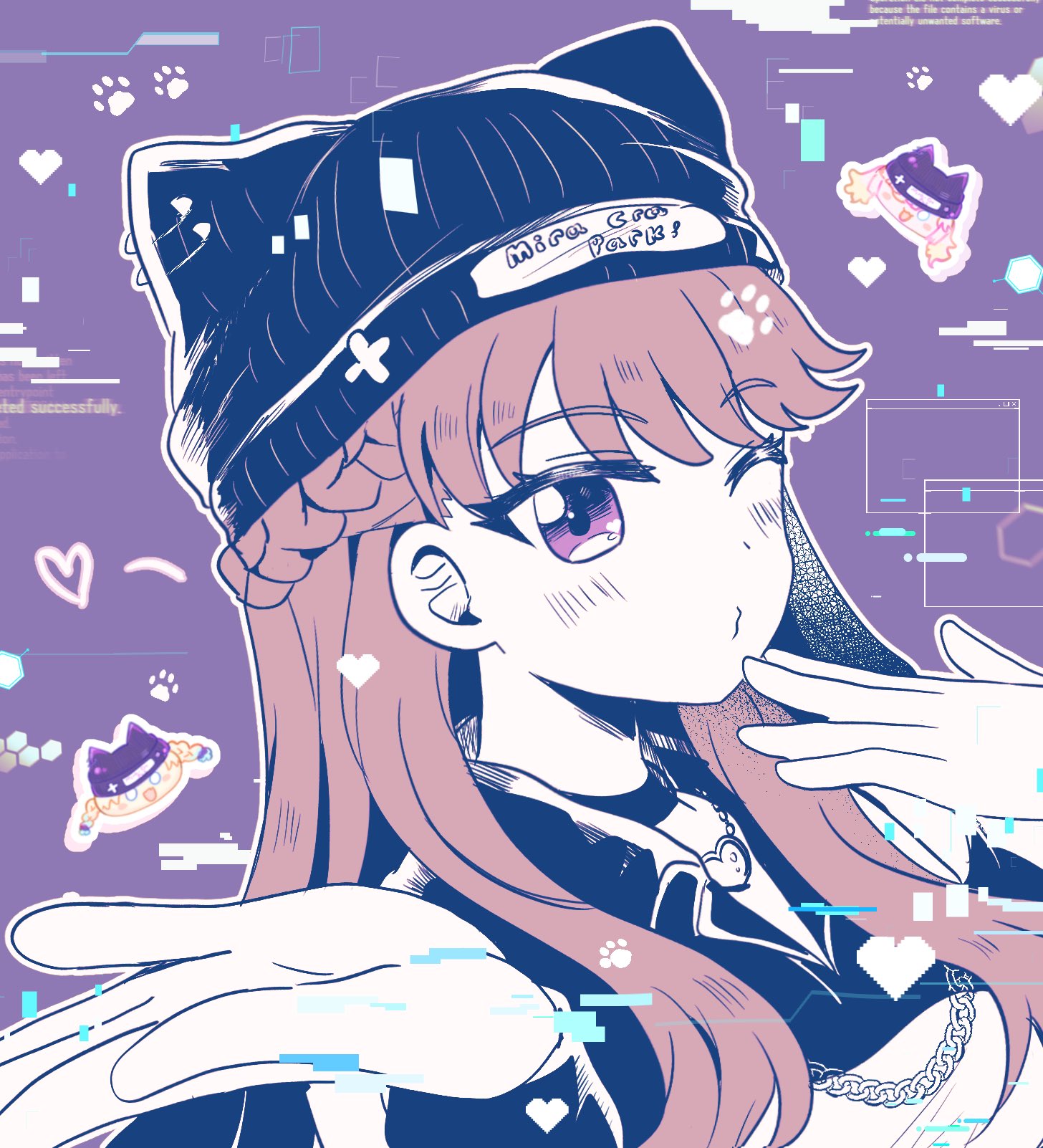 watage modoki, anyoji hime, fujishima megumi, osawa rurino, link! like! love live!, love live!, commentary, highres, 1girl, alternate costume, beanie, blowing kiss, braid, chain, chain necklace, chibi, chibi inset, choker, half up braid, hat, heart, heart necklace, jewelry, limited palette, long hair, looking at viewer, necklace, nyao signyal, puckered lips, purple background, purple eyes, solo, virtual youtuber