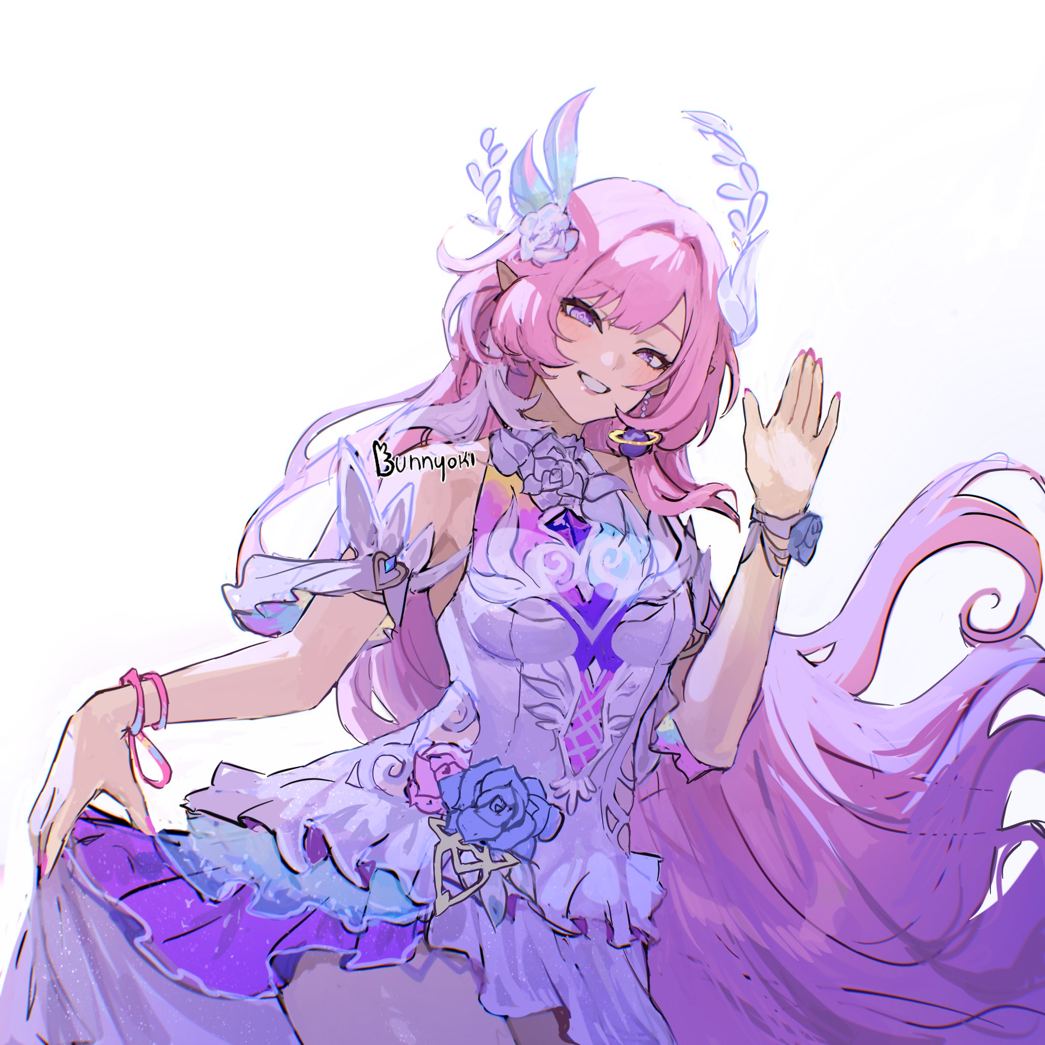 bunnyoki, cyrene (honkai: star rail), honkai: star rail, honkai (series), commentary, highres, 1girl, artist name, bare shoulders, blue flower, blue rose, cyrene (ripples of past reverie) (honkai: star rail), detached sleeves, dress, flower, grin, hair flower, hair intakes, hair ornament, hand up, long hair, looking at viewer, pink hair, pointy ears, purple eyes, rose, short sleeves, signature, simple background, sleeveless, sleeveless dress, smile, solo, very long hair, white background, white dress