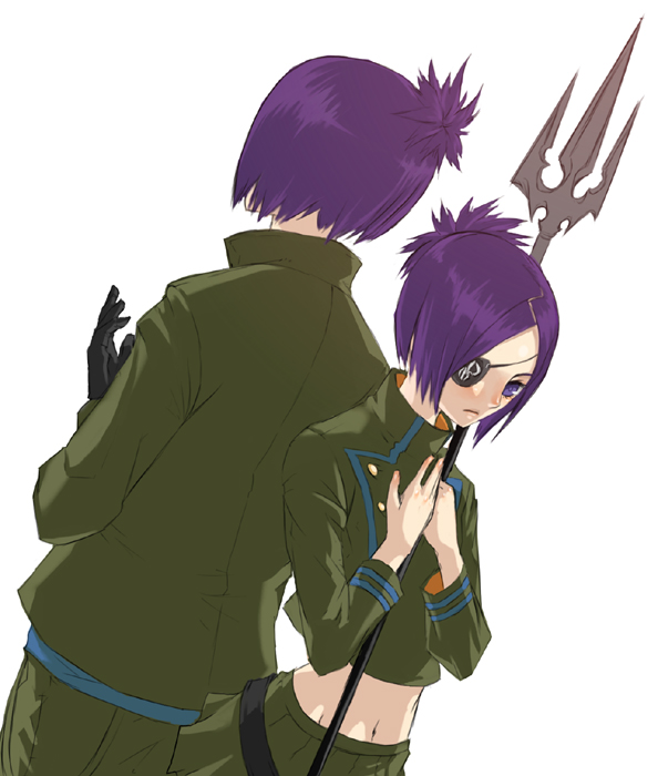 nidy, chrome dokuro, rokudou mukuro, katekyo hitman reborn!, 00s, 1boy, 1girl, eyepatch, midriff, polearm, simple background, weapon, white background