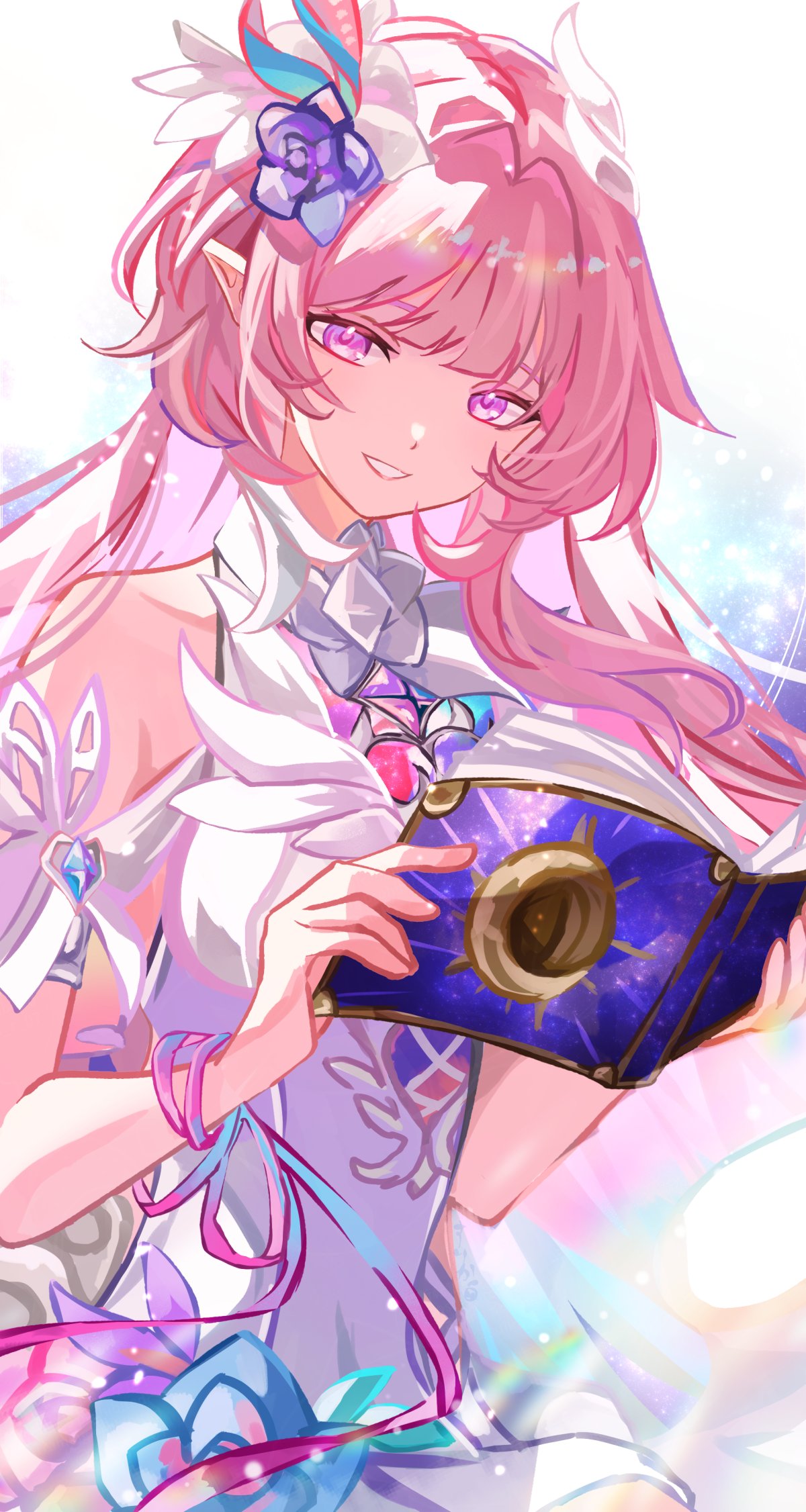 suika (rios151794), cyrene (honkai: star rail), honkai: star rail, honkai (series), commentary request, highres, 1girl, bare shoulders, book, cyrene (ripples of past reverie) (honkai: star rail), dress, flower, hair flower, hair ornament, holding, holding book, long hair, looking at viewer, open book, pink hair, pointy ears, purple eyes, smile, solo, very long hair, white dress