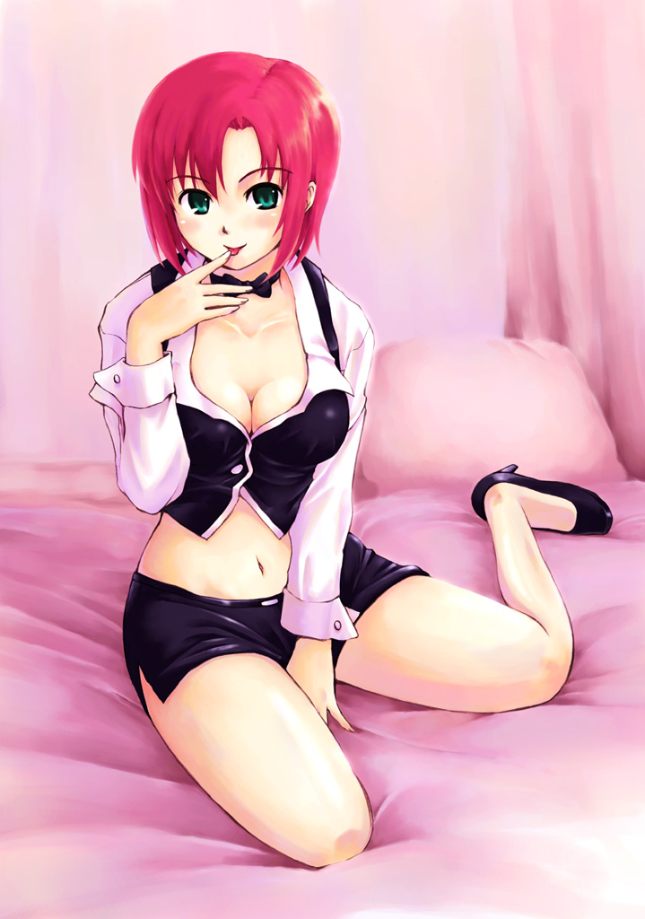 ooshiro youkou, rio rollins, super blackjack, 1girl, breasts, cleavage, croupier, female focus, high heels, large breasts, miniskirt, pencil skirt, red hair, shoes, short hair, skirt, solo