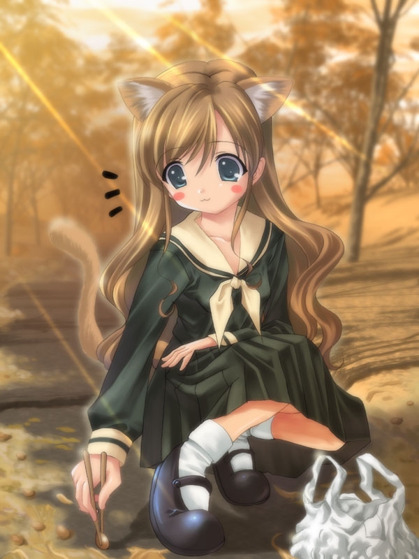 ryunnu, toudou shimako, maria-sama ga miteru, 00s, 1girl, animal ears, bag, blonde hair, cat ears, cat tail, chopsticks, female focus, plastic bag, school uniform, serafuku, solo, tail