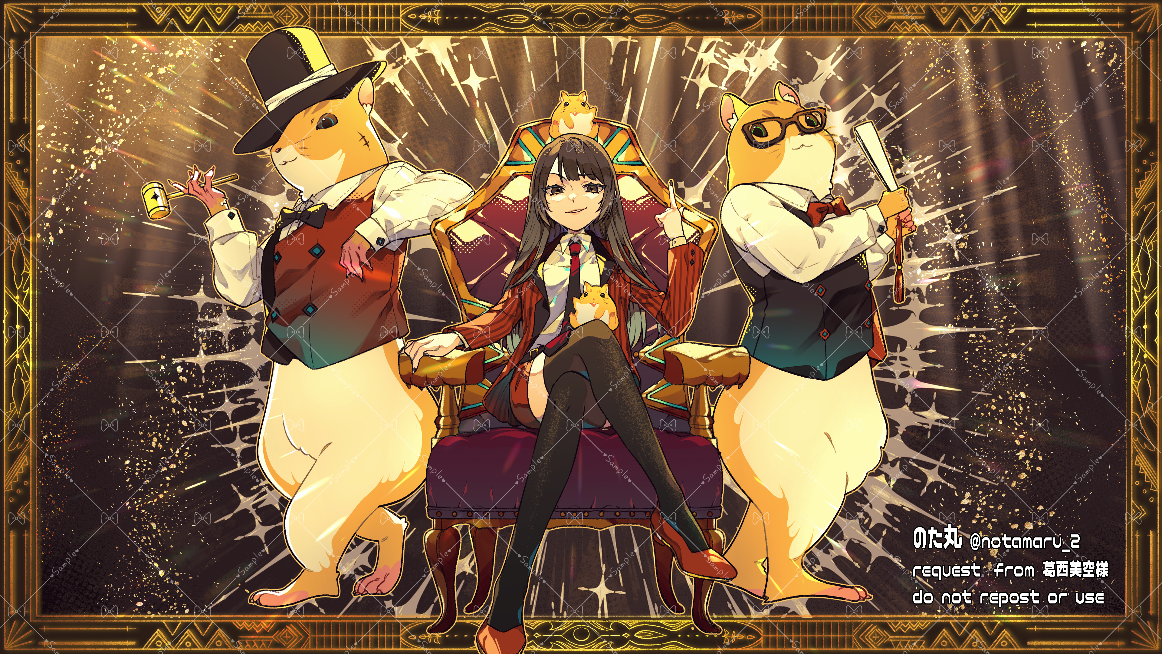 notamaru 2, original, absurdres, commentary request, highres, 1girl, 2others, black shorts, black thighhighs, border, brown background, brown eyes, brown hair, chair, collared shirt, full body, jacket, long hair, long sleeves, looking at viewer, multiple others, necktie, open clothes, open jacket, outside border, parted lips, red jacket, red necktie, red shoes, shirt, shoes, shorts, sitting, smile, solo, striped clothes, striped jacket, thighhighs, watermark, watermark grid, white shirt, yellow border