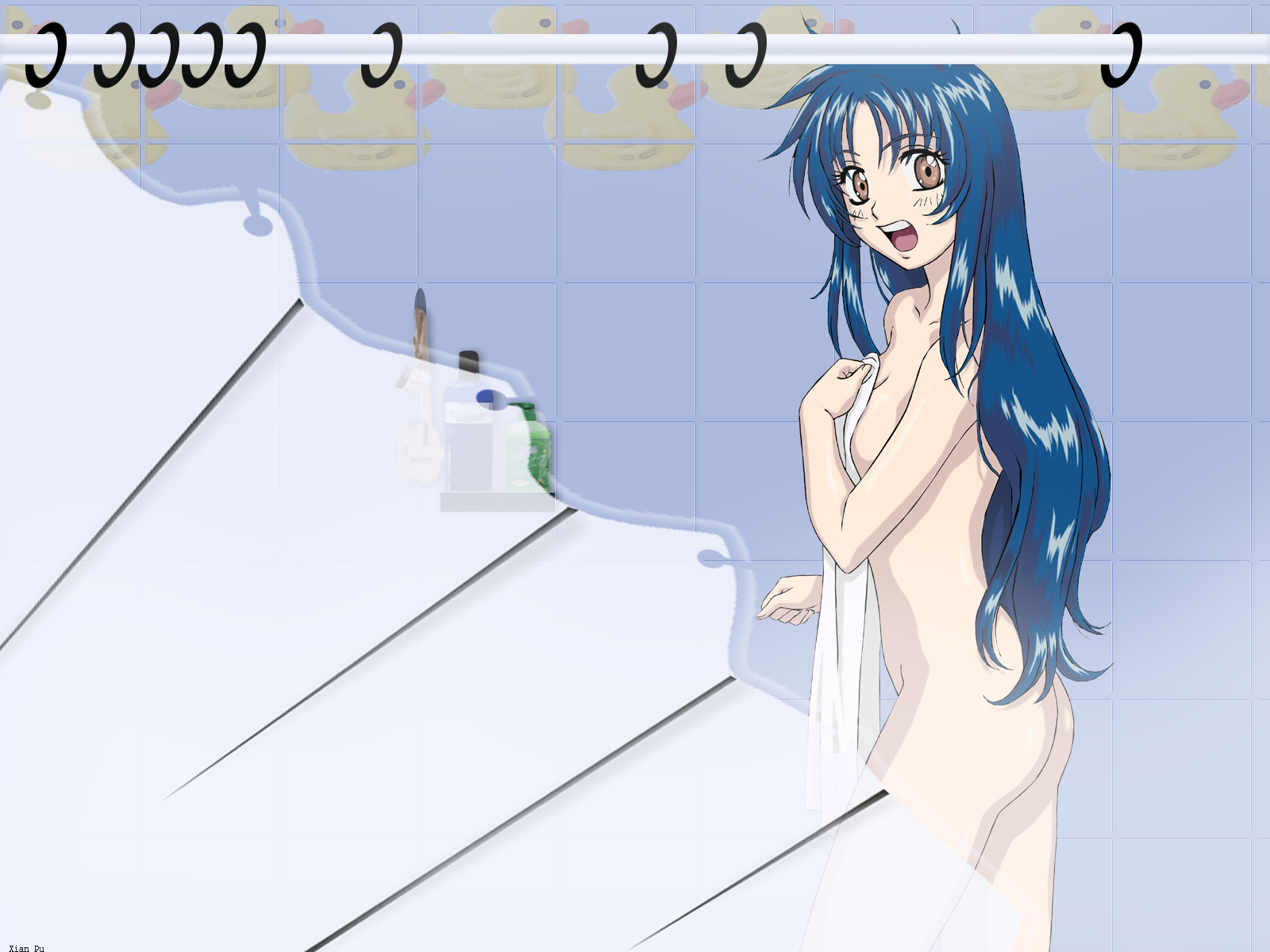 chidori kaname, full metal panic!, highres, 00s, bath, blue hair, curtains, long hair, nude, showering, solo, towel