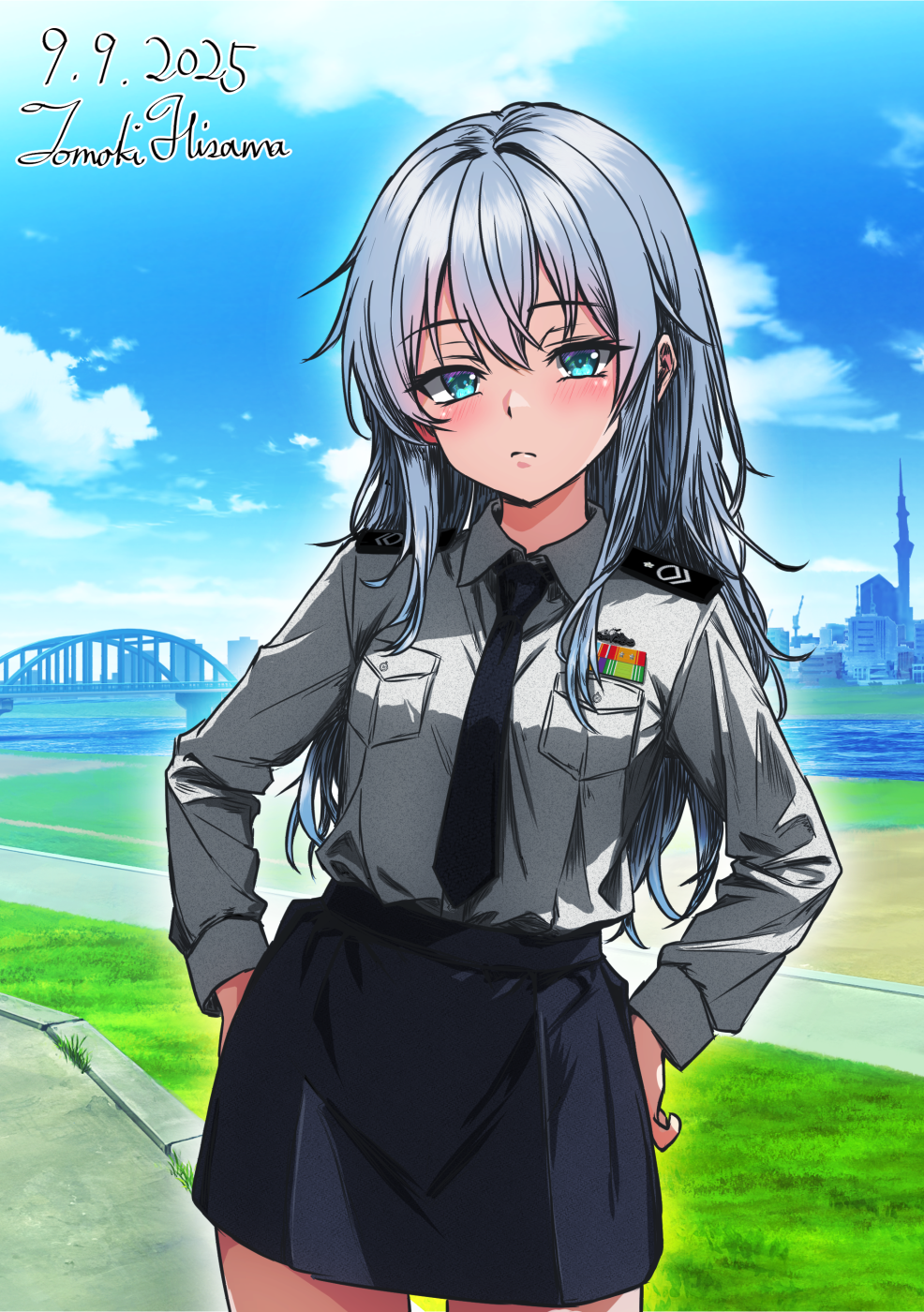 hisamatomoki, hibiki (kancolle), japan maritime self-defense force, japan self-defense force, kantai collection, commentary request, highres, 1girl, alternate costume, artist name, black necktie, blue eyes, blue sky, breast pocket, cloud, collared shirt, cowboy shot, dated, day, grey hair, grey skirt, hands on own hips, long hair, long sleeves, looking at viewer, military, military dress uniform, military rank insignia, military uniform, naval dress uniform, naval uniform, necktie, one-hour drawing challenge, outdoors, pocket, ribbon bar, shirt, shoulder boards, skirt, sky, solo, white shirt
