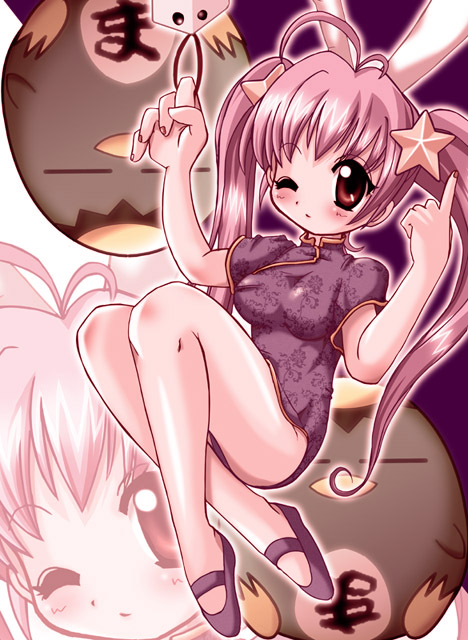 usada hikaru, di gi charat, animal ears, china dress, chinese clothes, dress, one eye closed, rabbit ears, solo, wink