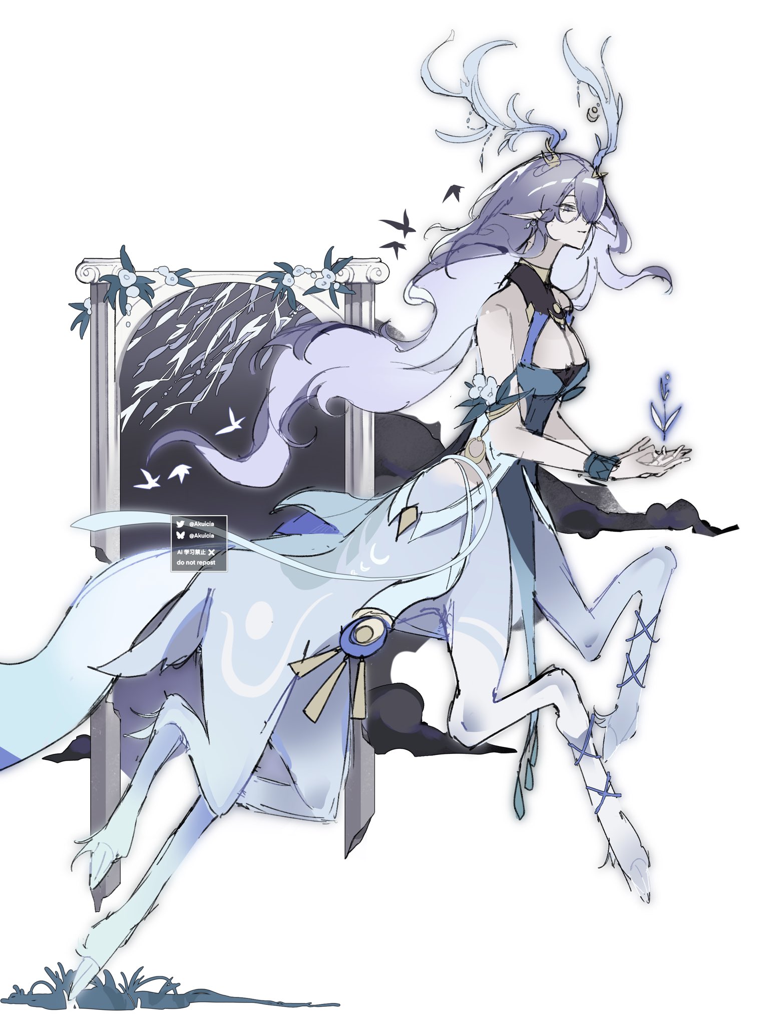 lauma (genshin impact), genshin impact, commentary, english commentary, highres, unfinished, 1girl, akuicia, antlers, artist name, bare shoulders, blue hair, breasts, cleavage, closed mouth, deer antlers, deer girl, detached collar, expressionless, from side, full body, glowing, horns, long hair, medium breasts, multicolored hair, pointy ears, powering up, sketch, solo, wavy hair, white background