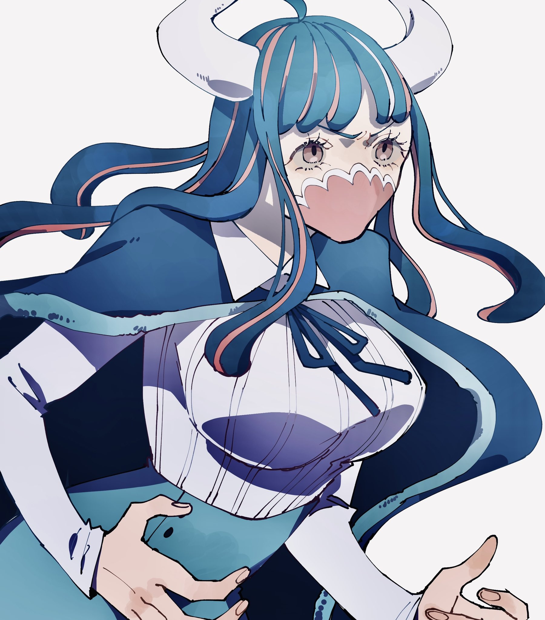 oh imo, ulti (one piece), one piece, commentary request, highres, 1girl, blue cape, blue hair, blue skirt, blunt bangs, cape, cowboy shot, eyelashes, horns, long hair, mask, mouth mask, pink eyes, pink streaks, shirt, skirt, solo, striped clothes, striped shirt, vertical-striped clothes, vertical-striped shirt, white horns, white shirt
