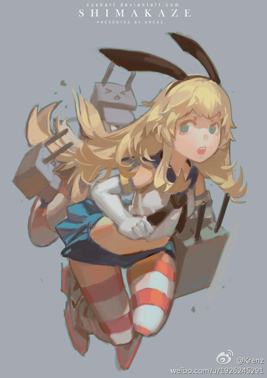 krenz, shimakaze (kancolle), kantai collection, 1girl, bare shoulders, blonde hair, blue eyes, blue skirt, gloves, grey background, jumping, kneehighs, long hair, necktie, open mouth, skirt, socks, solo, white gloves