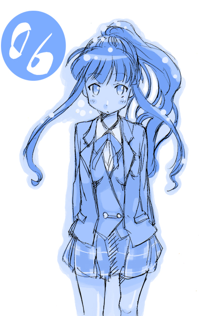 mikami komata, mikami konu, ookouchi akira, mahou sensei negima!, 00s, 1girl, blue theme, female focus, long hair, monochrome, numbered, plaid clothes, plaid skirt, ponytail, school uniform, serafuku, sketch, skirt, solo